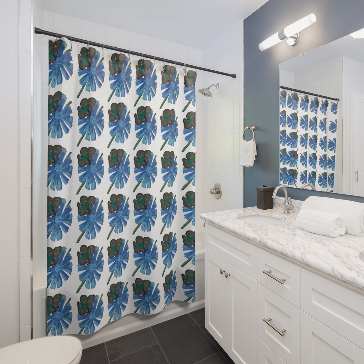 Blue Flower Butterfly Shower Curtains