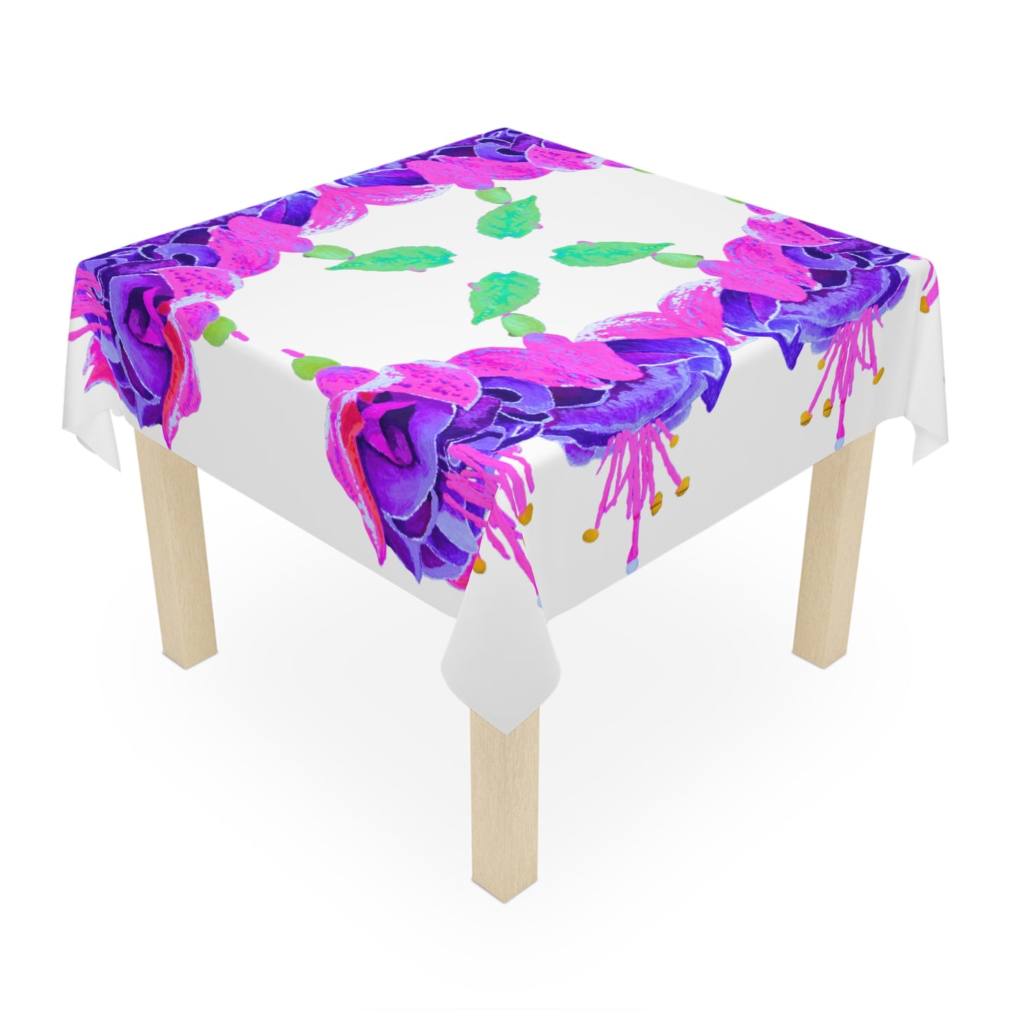 Fuchsia Flower Tablecloth, Festive Floral Patterned Table Throw, Square Wedding Tablecloth