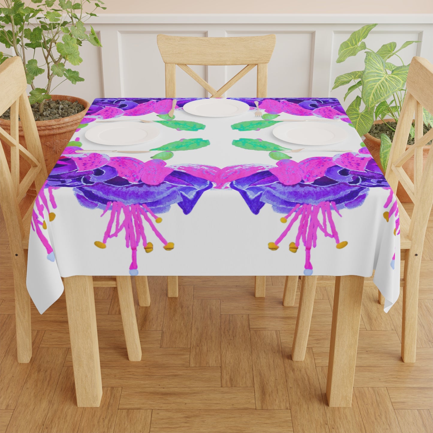 Fuchsia Flower Tablecloth, Festive Floral Patterned Table Throw, Square Wedding Tablecloth