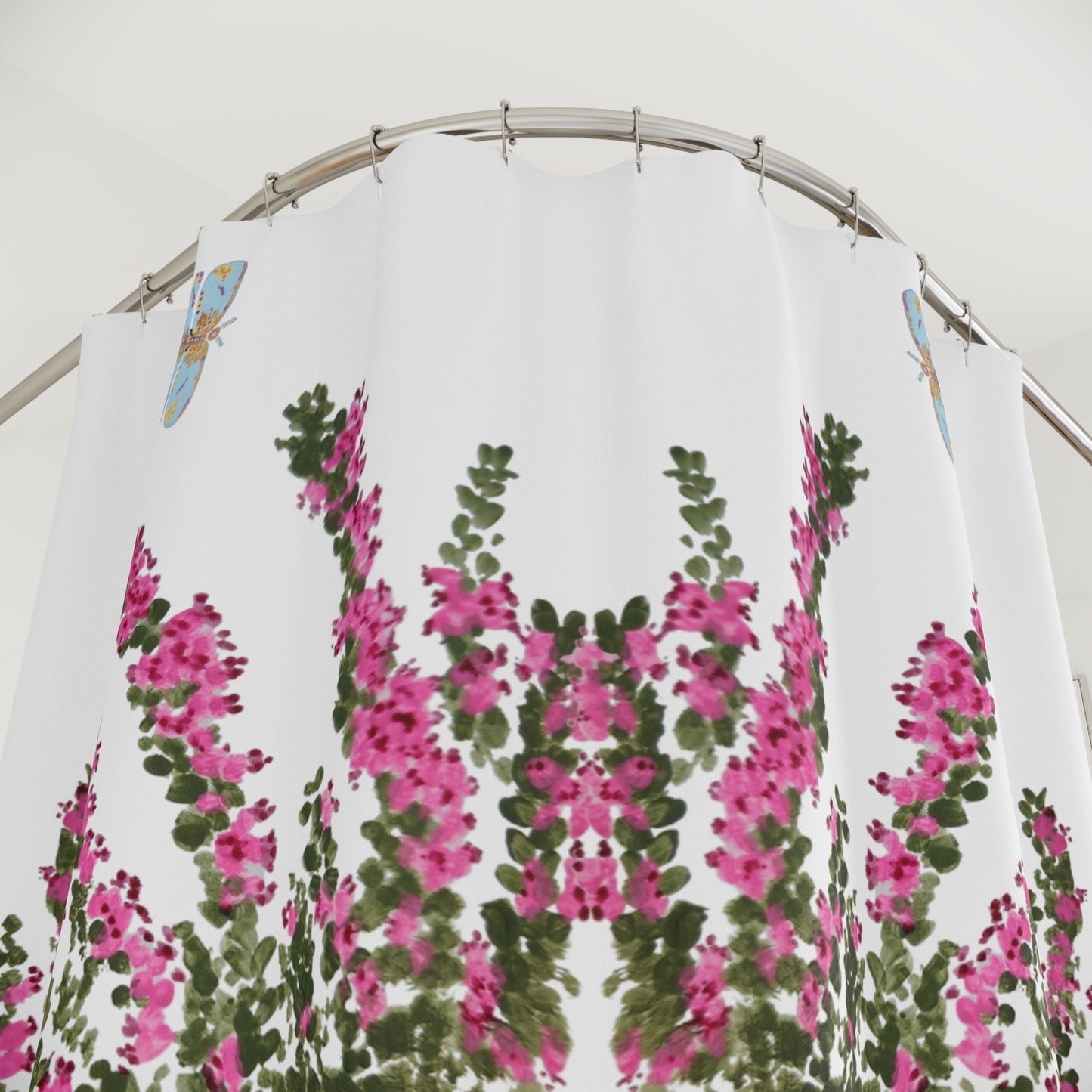 Heather Flower Patterned Shower Curtains, Nature Inspired Printed Floral Bath Curtain, Dragonfly Botanical Bathroom Decor