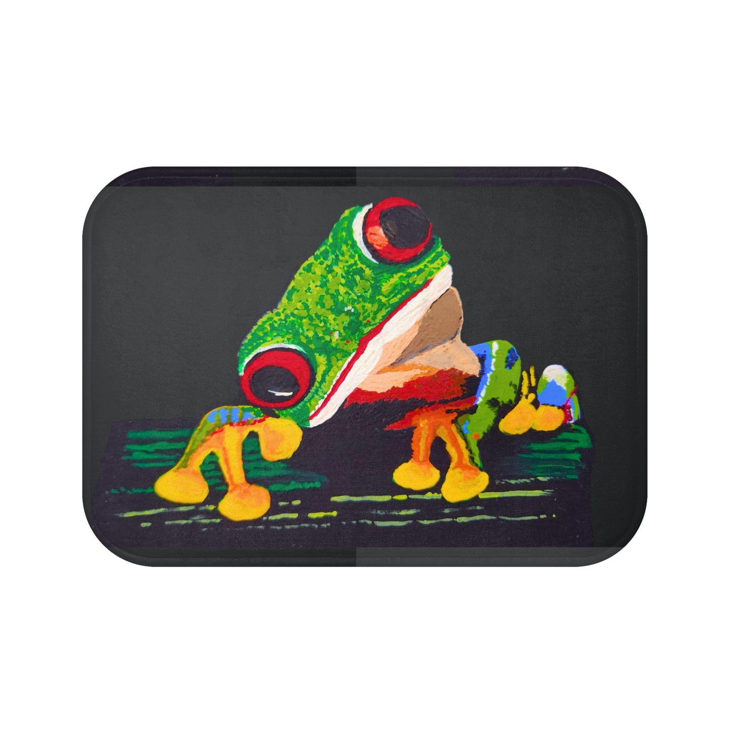 Tree Frog Bath Mat, Nature Inspired Modern Art Accent Rug, Colorful Black Green Bathroom Decor