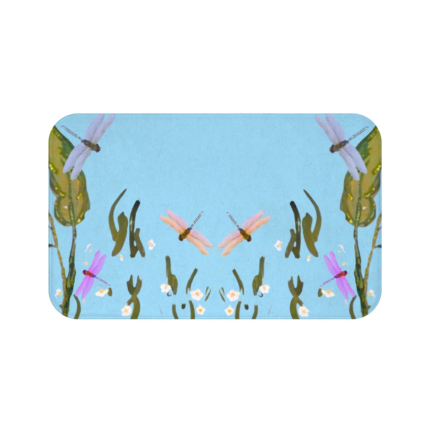 Dragonflies on Blue Bath Mat, Botanical Printed Floral Bathroom Refresh Gift, Decorative Spring Accent Rug