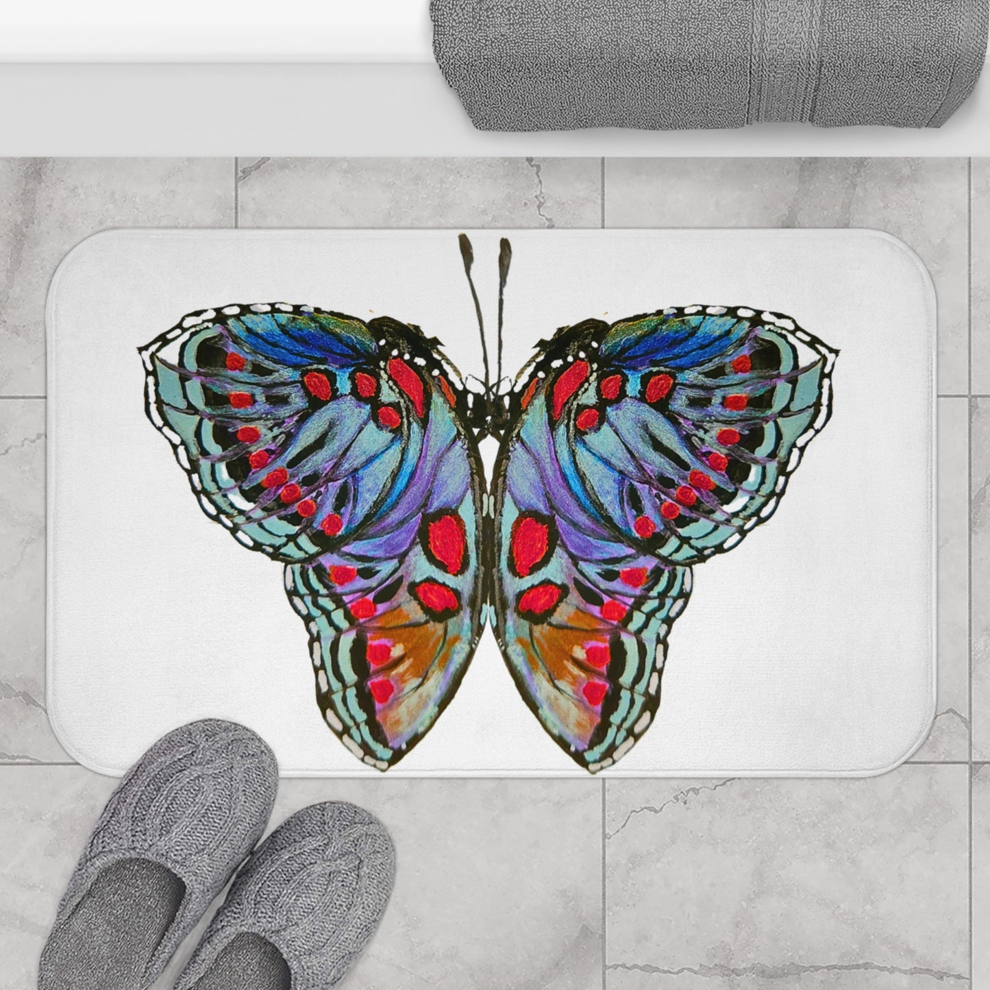 Monarch Bath Mat, Non Slip Backing Memory Foam Mat, Trendy Botanical Accent Rug