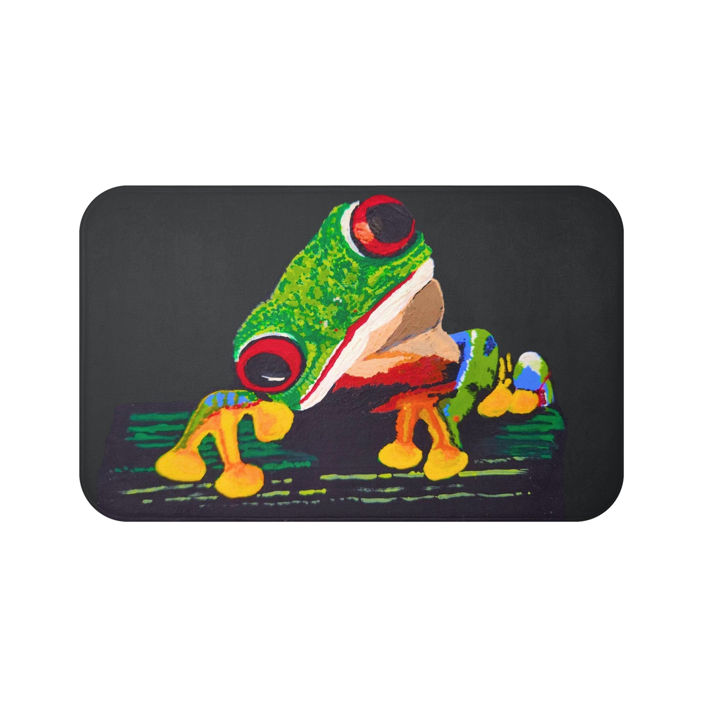 Tree Frog Bath Mat, Nature Inspired Modern Art Accent Rug, Colorful Black Green Bathroom Decor