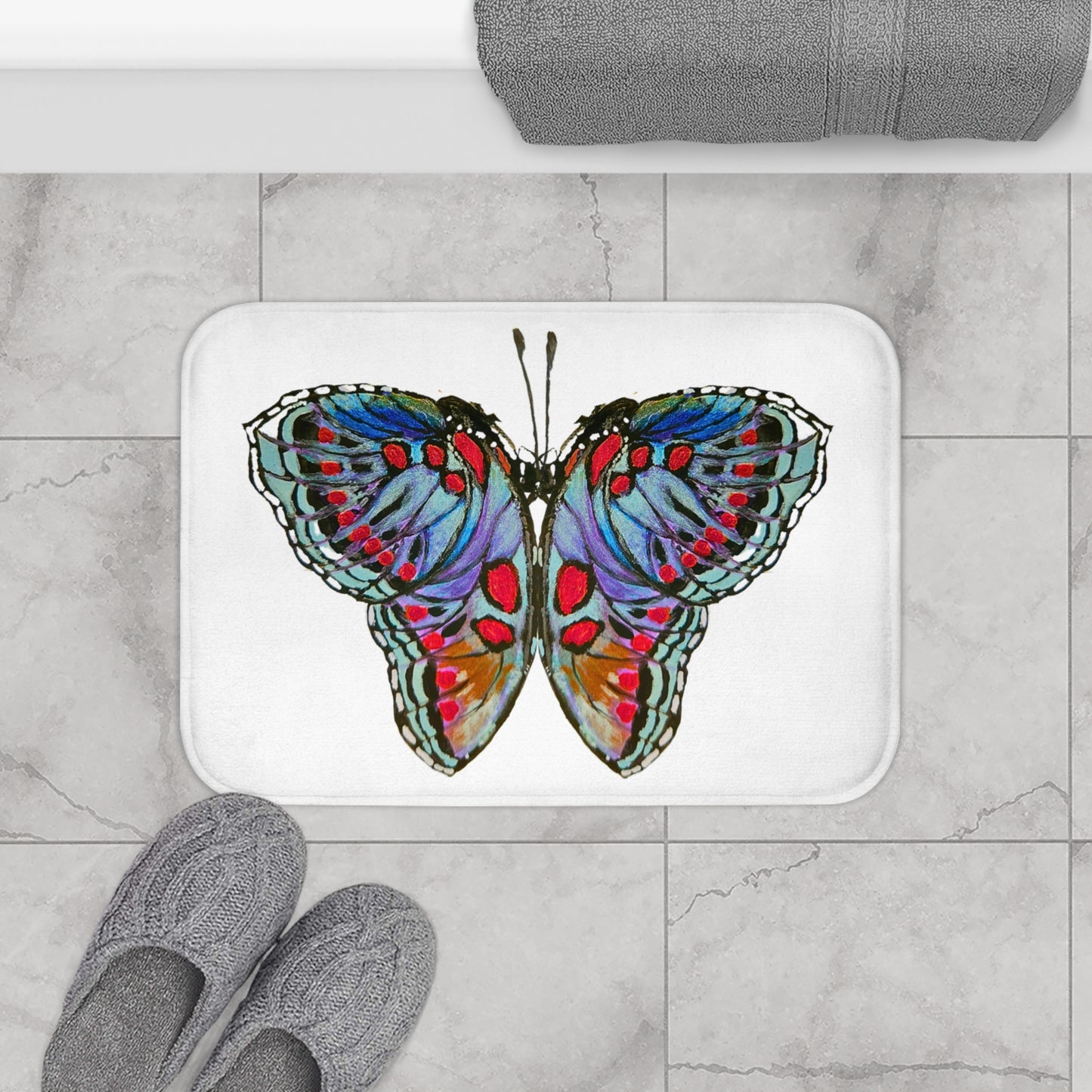Monarch Bath Mat, Non Slip Backing Memory Foam Mat, Trendy Botanical Accent Rug