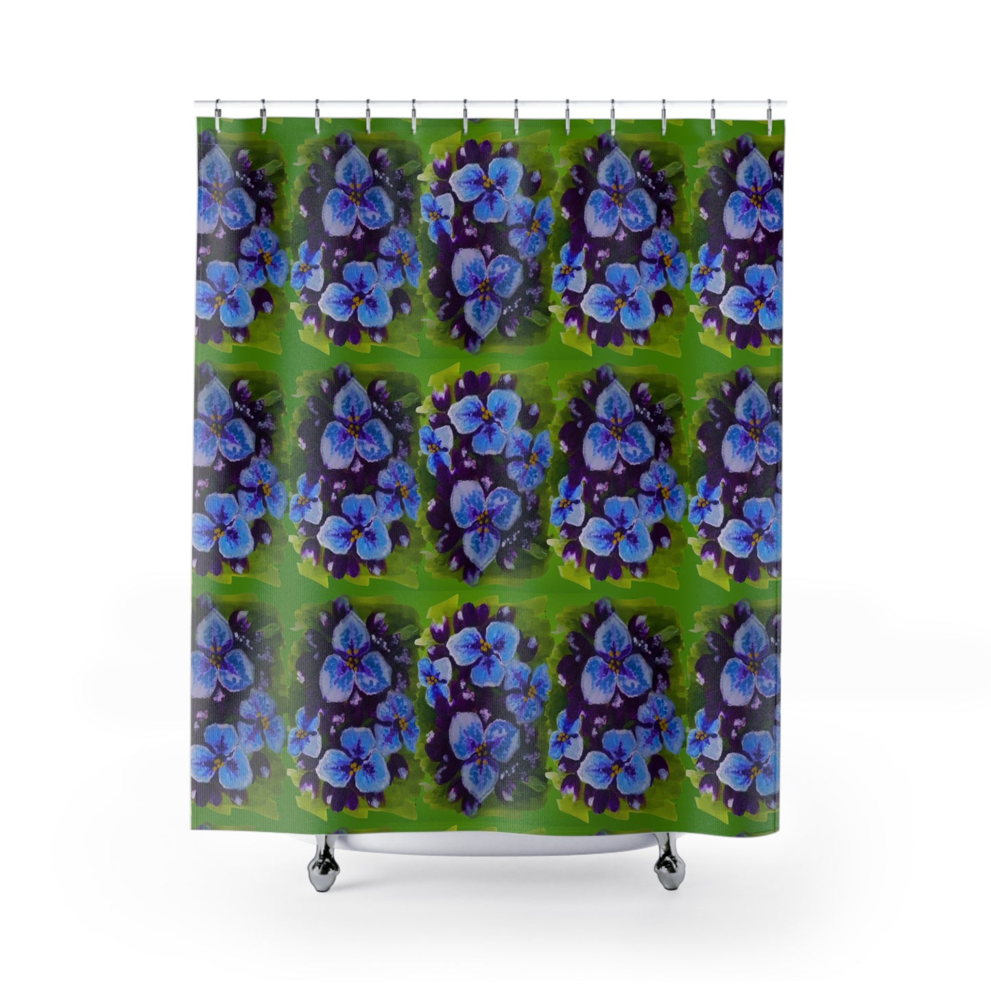 Purple Flowers on Green Shower Curtains, Beautiful Botanical Printed Bathroom Curtains