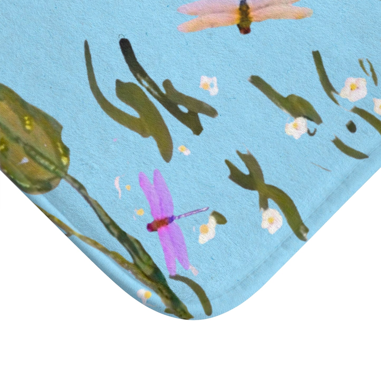 Dragonflies on Blue Bath Mat, Botanical Printed Floral Bathroom Refresh Gift, Decorative Spring Accent Rug