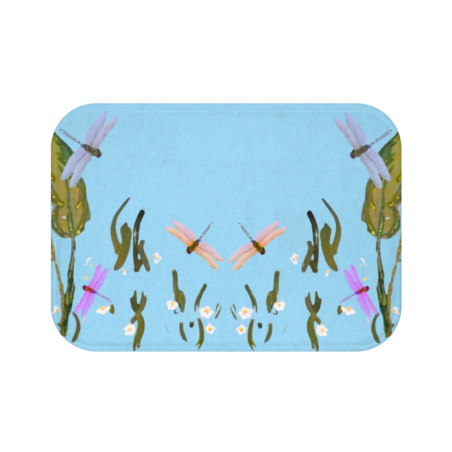 Dragonflies on Blue Bath Mat, Botanical Printed Floral Bathroom Refresh Gift, Decorative Spring Accent Rug