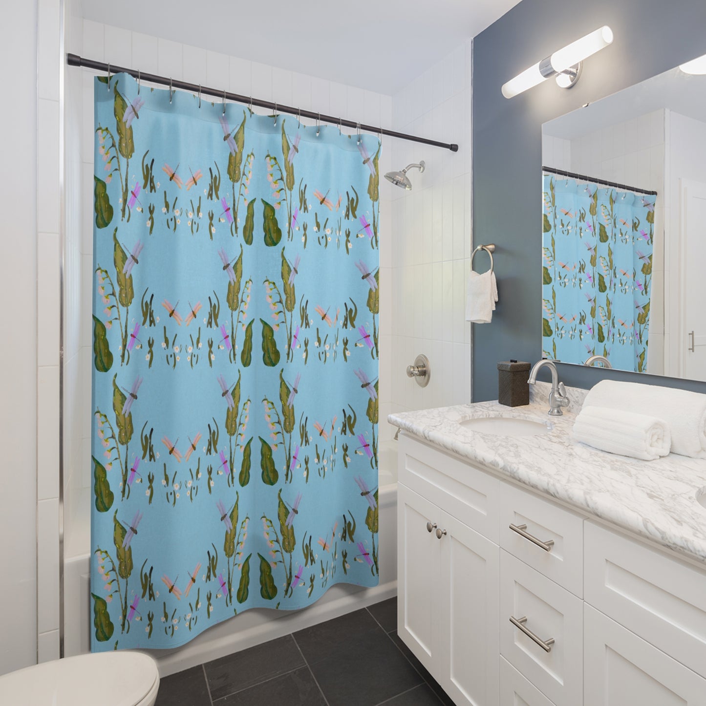 Dragonflies on Blue Botanical Shower Curtains, Zen Spa Printed Floral Bathroom Refresh Gift, Decorative Spring Bathroom Curtain