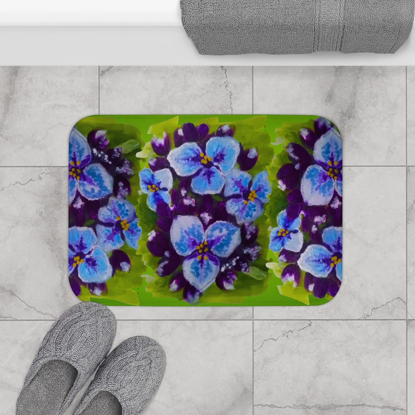Purple Flowers on Green Bath Mat, Trendy Decorative Accent Rug, Non Slip, Memory Foam