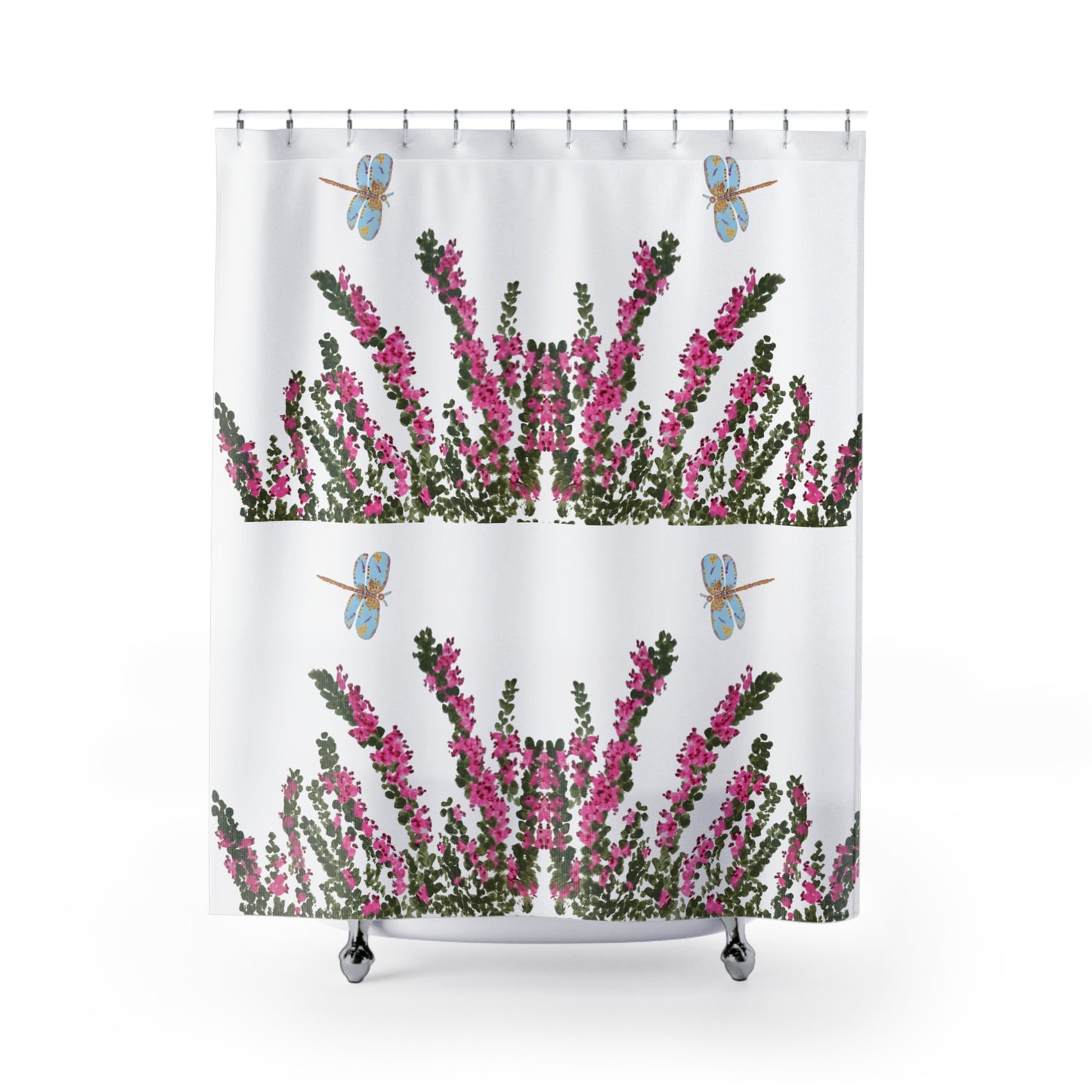 Heather Flower Patterned Shower Curtains, Nature Inspired Printed Floral Bath Curtain, Dragonfly Botanical Bathroom Decor