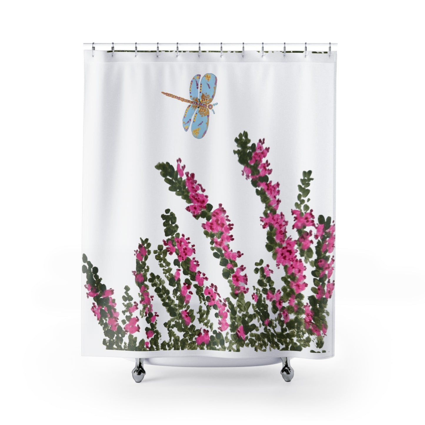 Heather Flower Shower Curtains, Dragonfly Botanical Bathroom Decor, Nature Inspired Printed Floral Bath Curtain