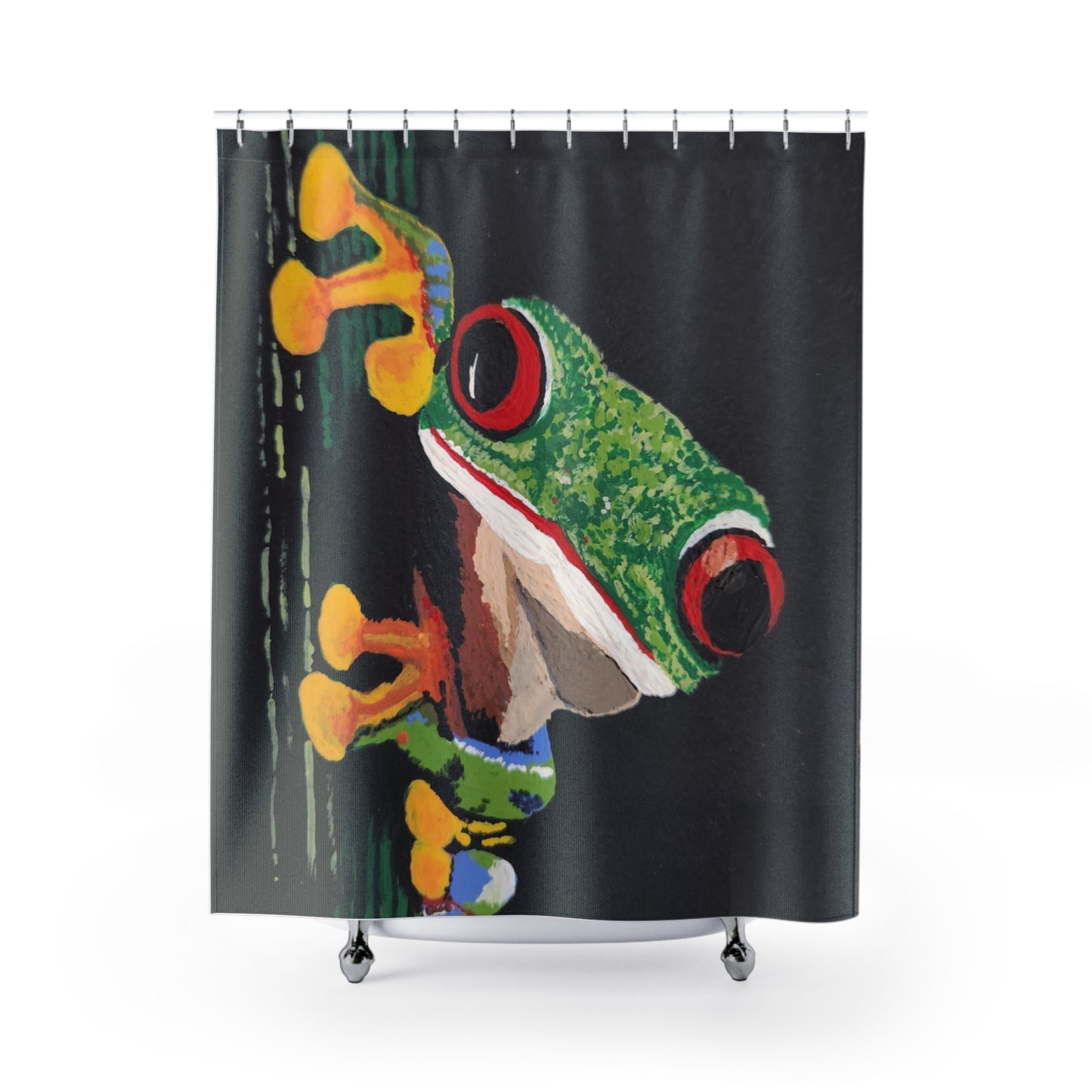 Tree Frog Shower Curtains, Nature Inspired Modern Art Bathroom Curtain, Colorful Black Green Bathroom Decor