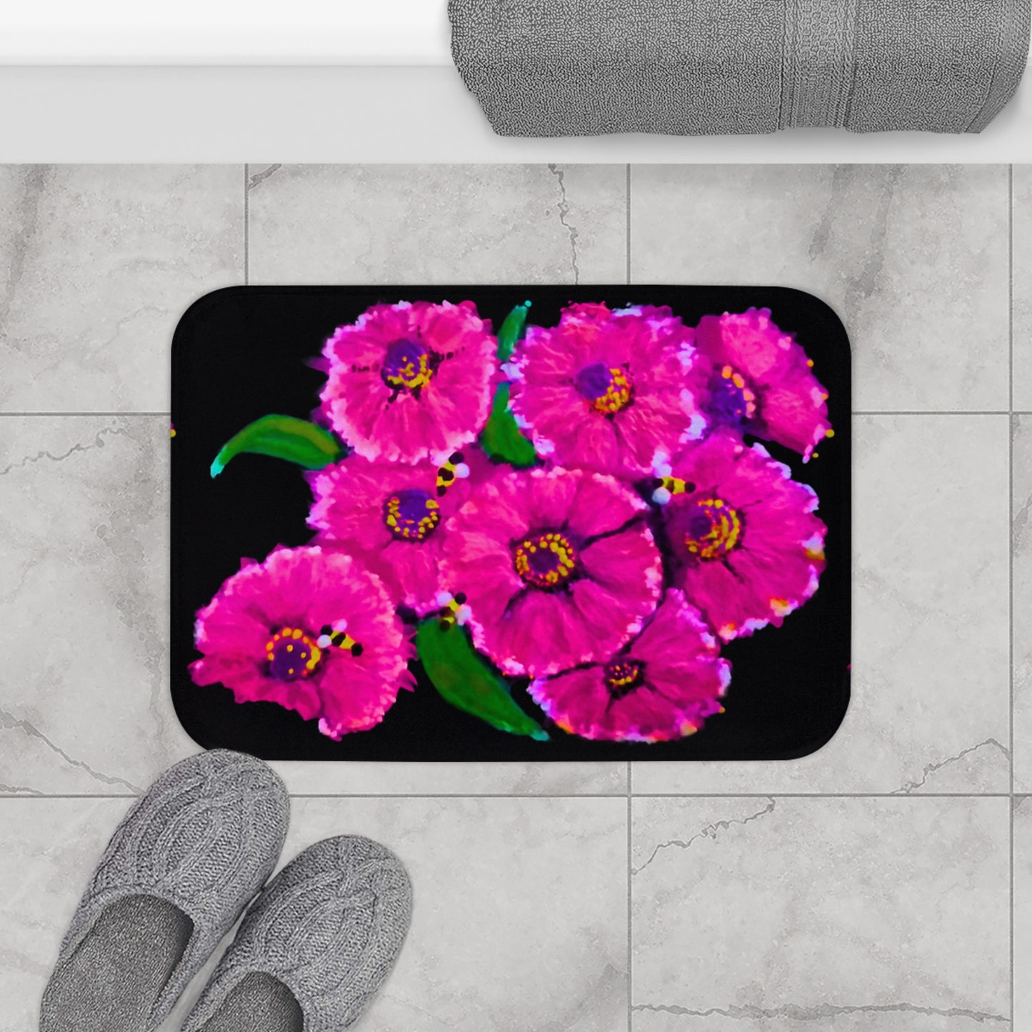 Pink Flowers on Black Bath Mat, Decorative Floral Bathroom Decor, Nature Inspired Accent Rug, Non Slip Backing with Memory Foam