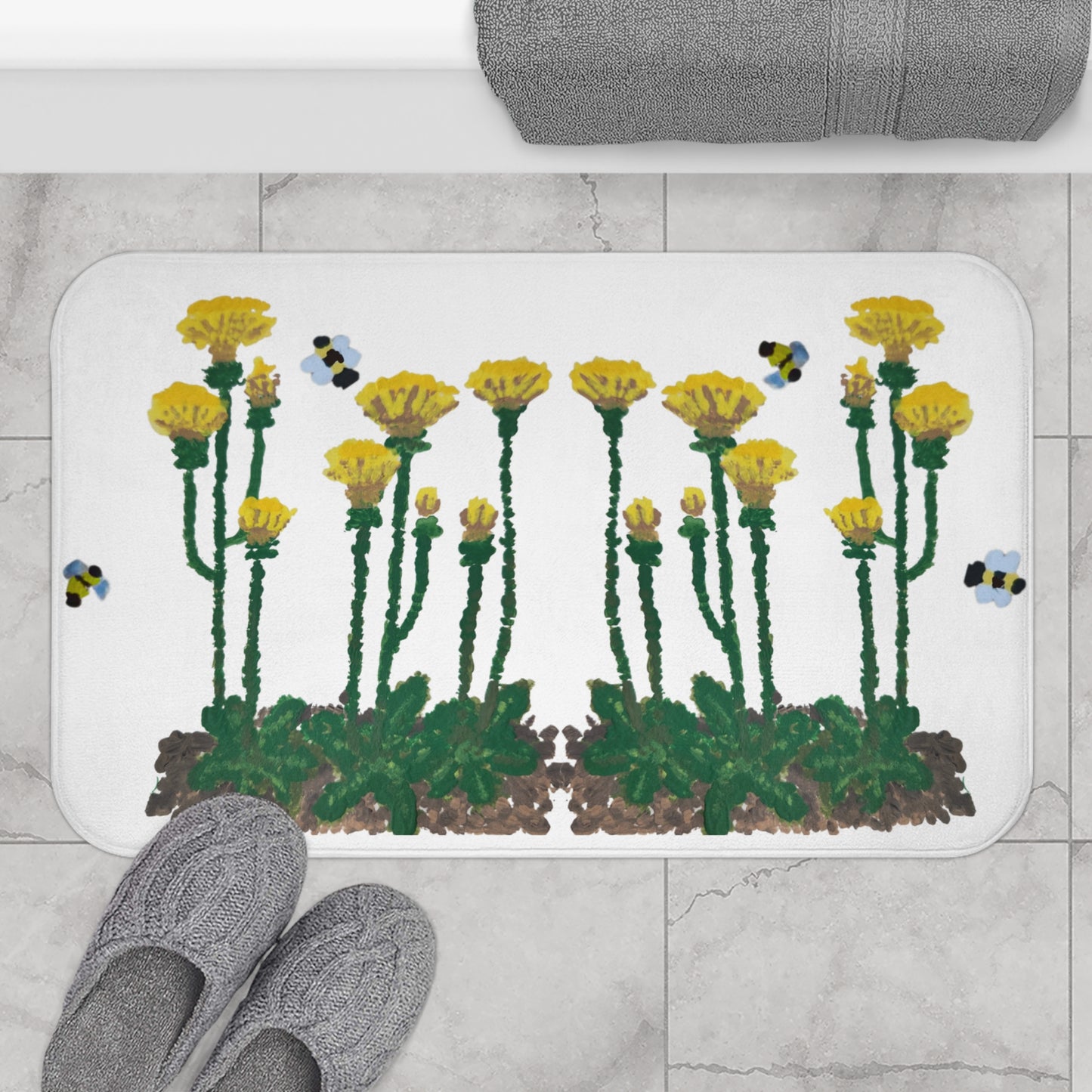 Dandelions and Bees Bath Mat, Trendy Nature Inspired Decorative Accent Rug, Memory Foam, Non Slip Backing