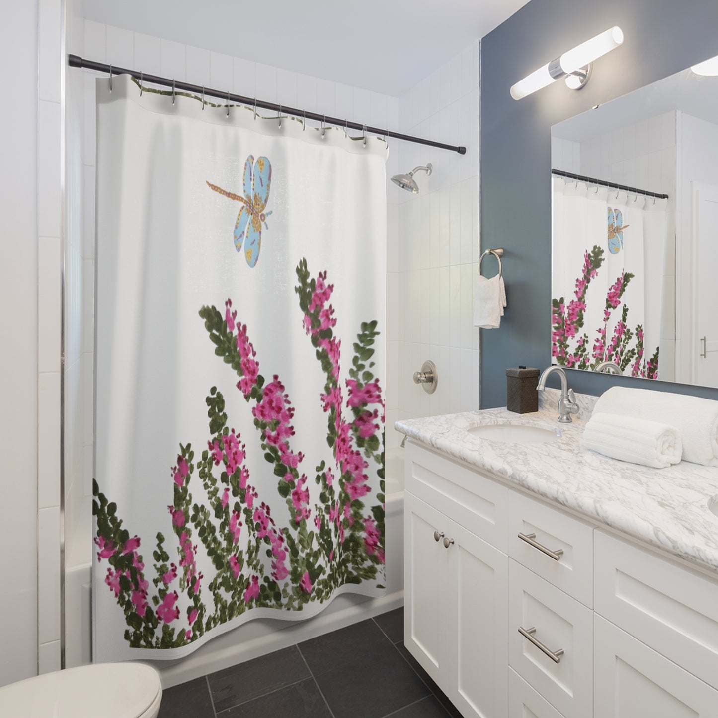 Heather Flower Shower Curtains, Dragonfly Botanical Bathroom Decor, Nature Inspired Printed Floral Bath Curtain