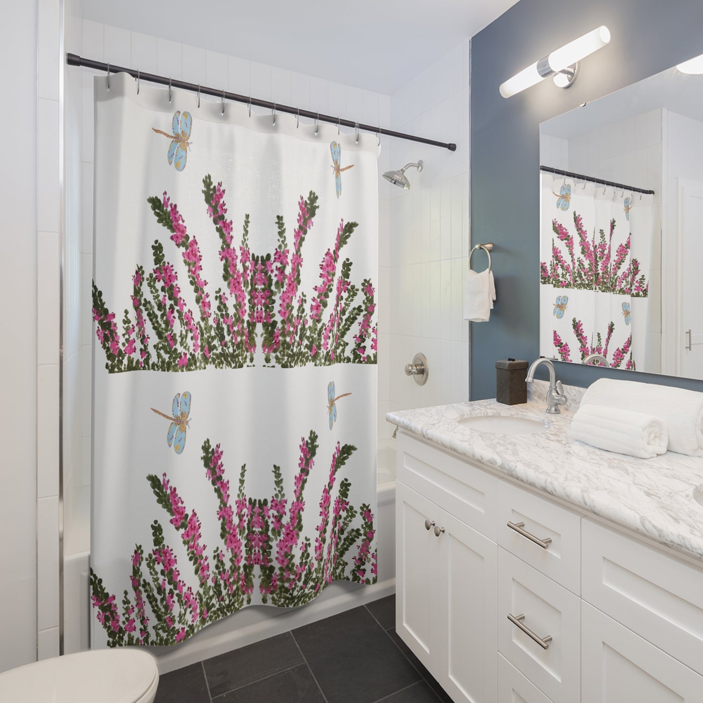 Heather Flower Patterned Shower Curtains, Nature Inspired Printed Floral Bath Curtain, Dragonfly Botanical Bathroom Decor
