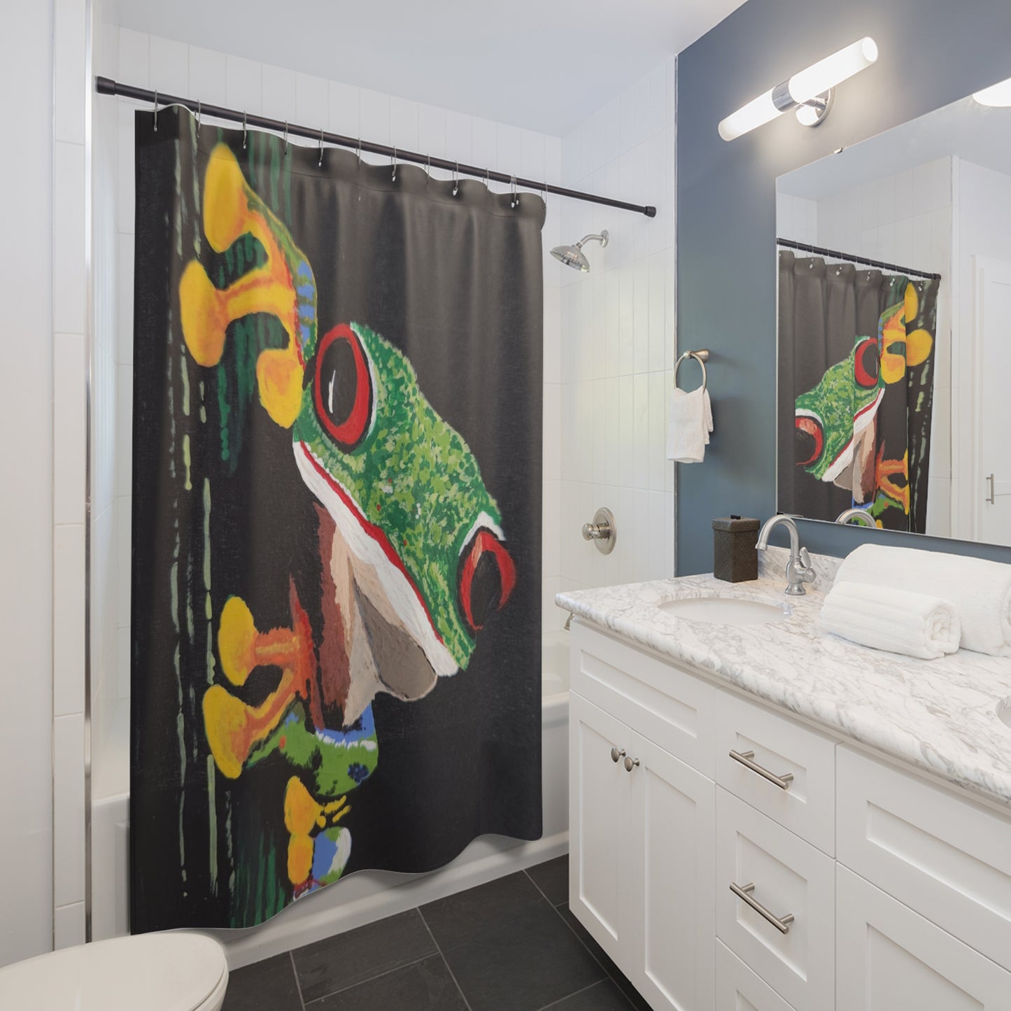 Tree Frog Shower Curtains, Nature Inspired Modern Art Bathroom Curtain, Colorful Black Green Bathroom Decor