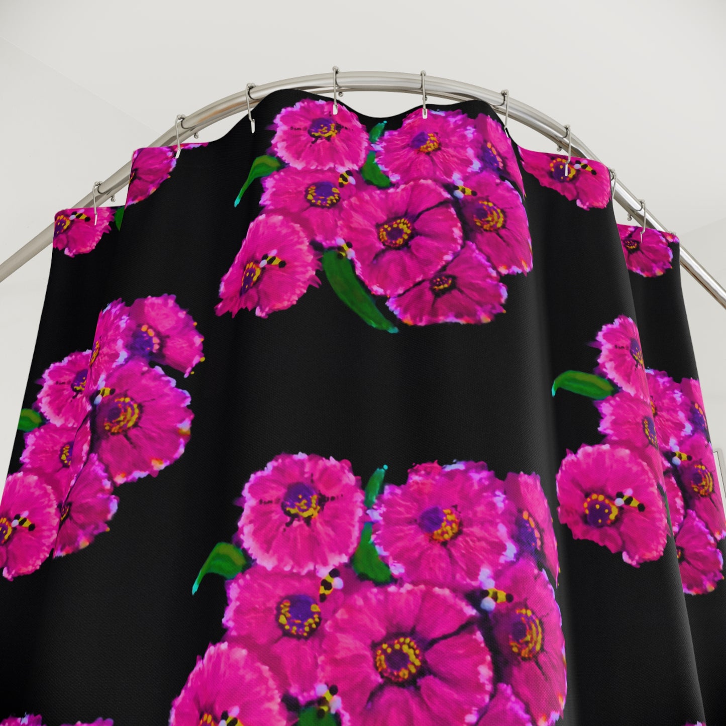 Pink Flowers on Black Shower Curtains, Decorative Floral Bathroom Curtain, Nature Inspired Bathroom Decor