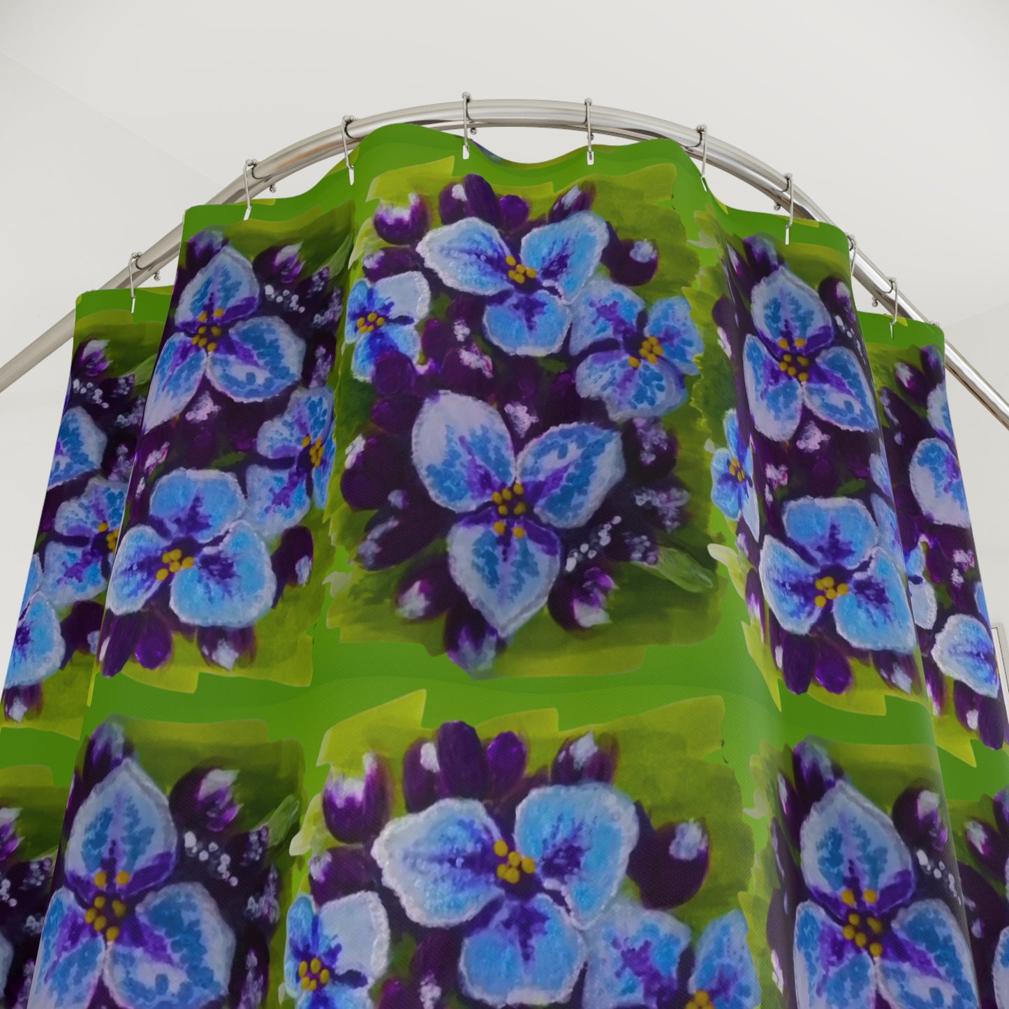 Purple Flowers on Green Shower Curtains, Beautiful Botanical Printed Bathroom Curtains