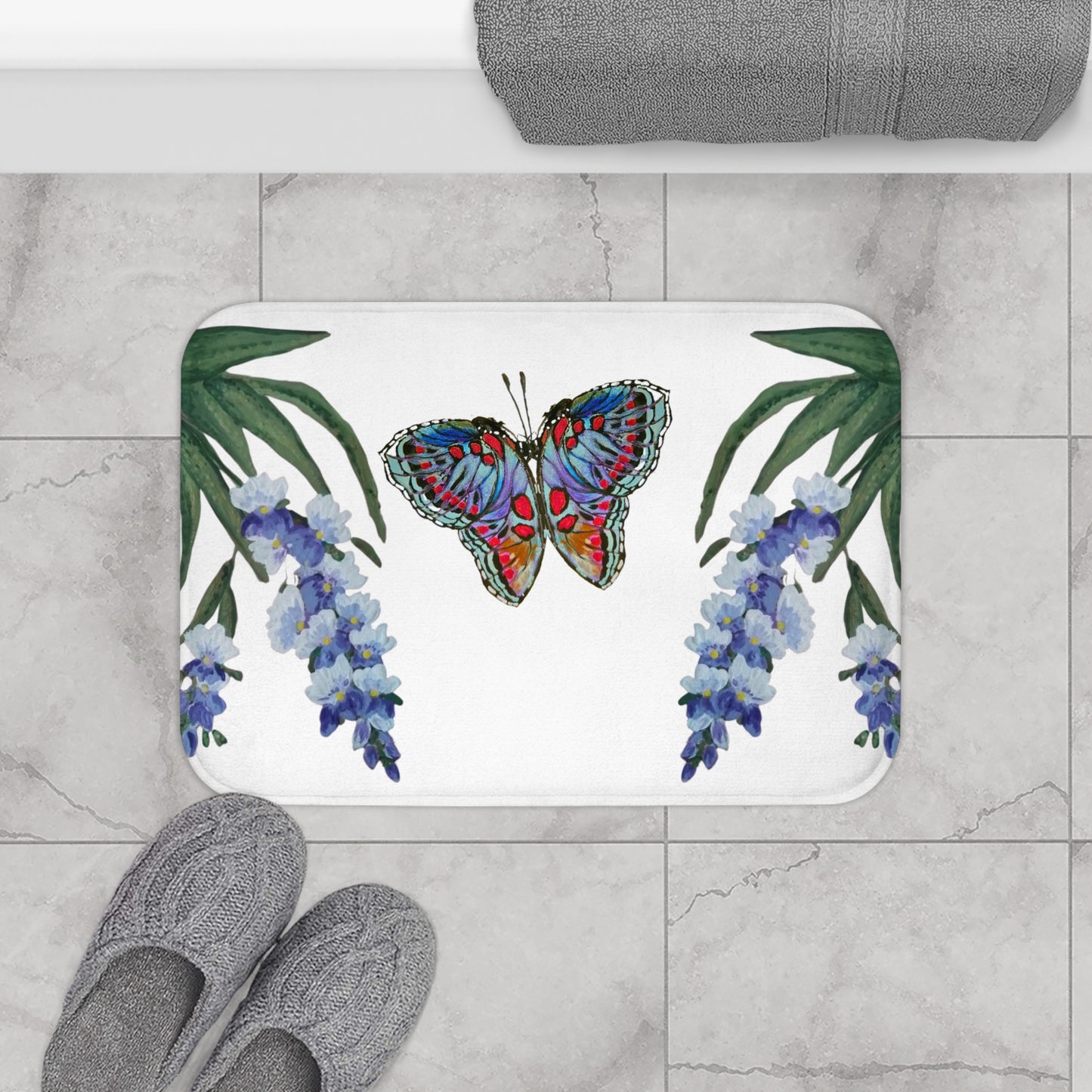 Monarch Wisteria Bath Mat, Beautiful Botanical Accent Rug, Decorative Floral Shower Mat