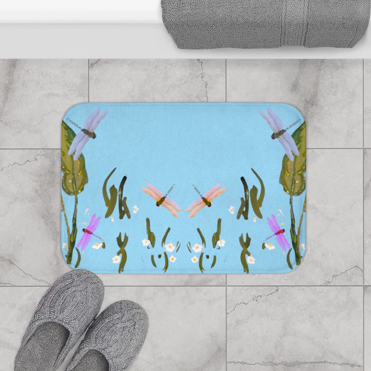 Dragonflies on Blue Bath Mat, Botanical Printed Floral Bathroom Refresh Gift, Decorative Spring Accent Rug