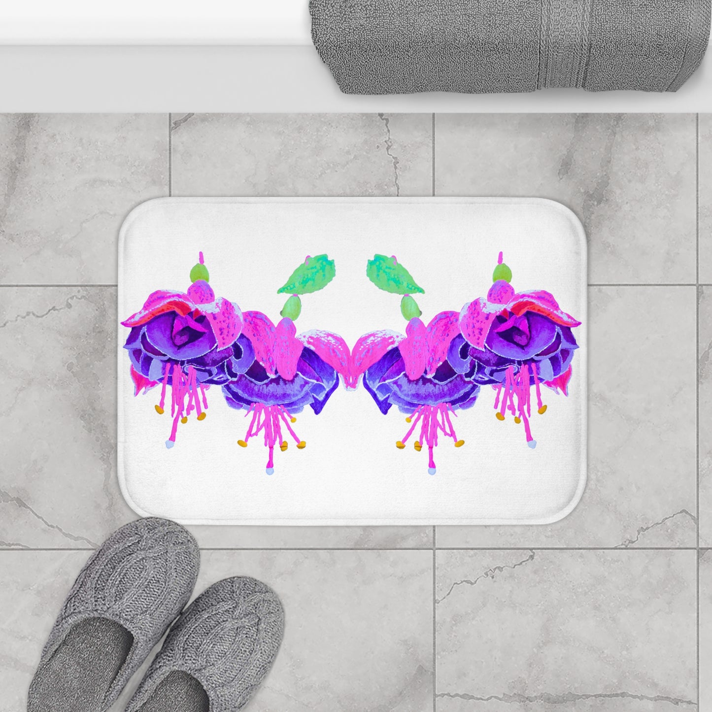 Fuchsia Floral Bath Mat, Trendy Decorative Accent Rug, Memory Foam Shower Mat with Non Slip Backing