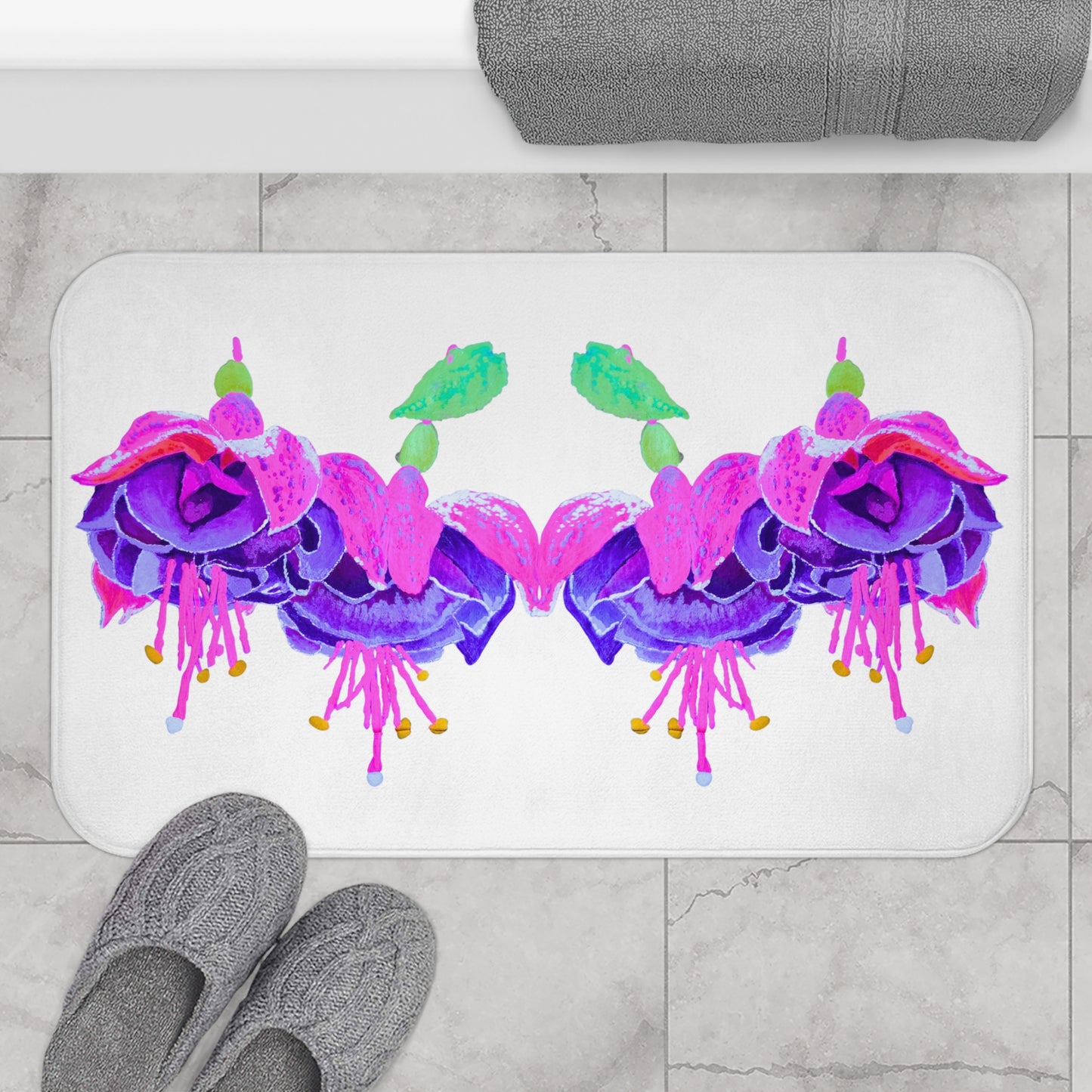 Fuchsia Floral Bath Mat, Trendy Decorative Accent Rug, Memory Foam Shower Mat with Non Slip Backing