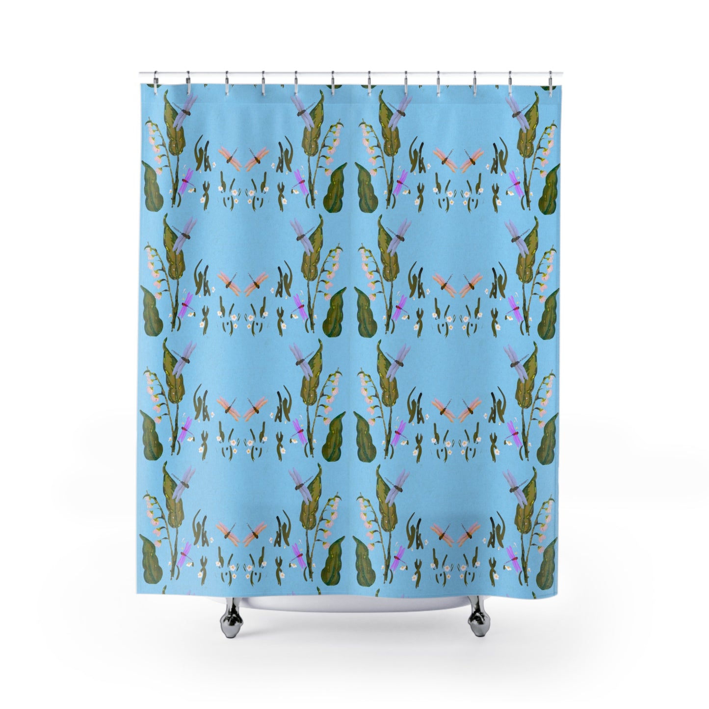 Dragonflies on Blue Botanical Shower Curtains, Zen Spa Printed Floral Bathroom Refresh Gift, Decorative Spring Bathroom Curtain