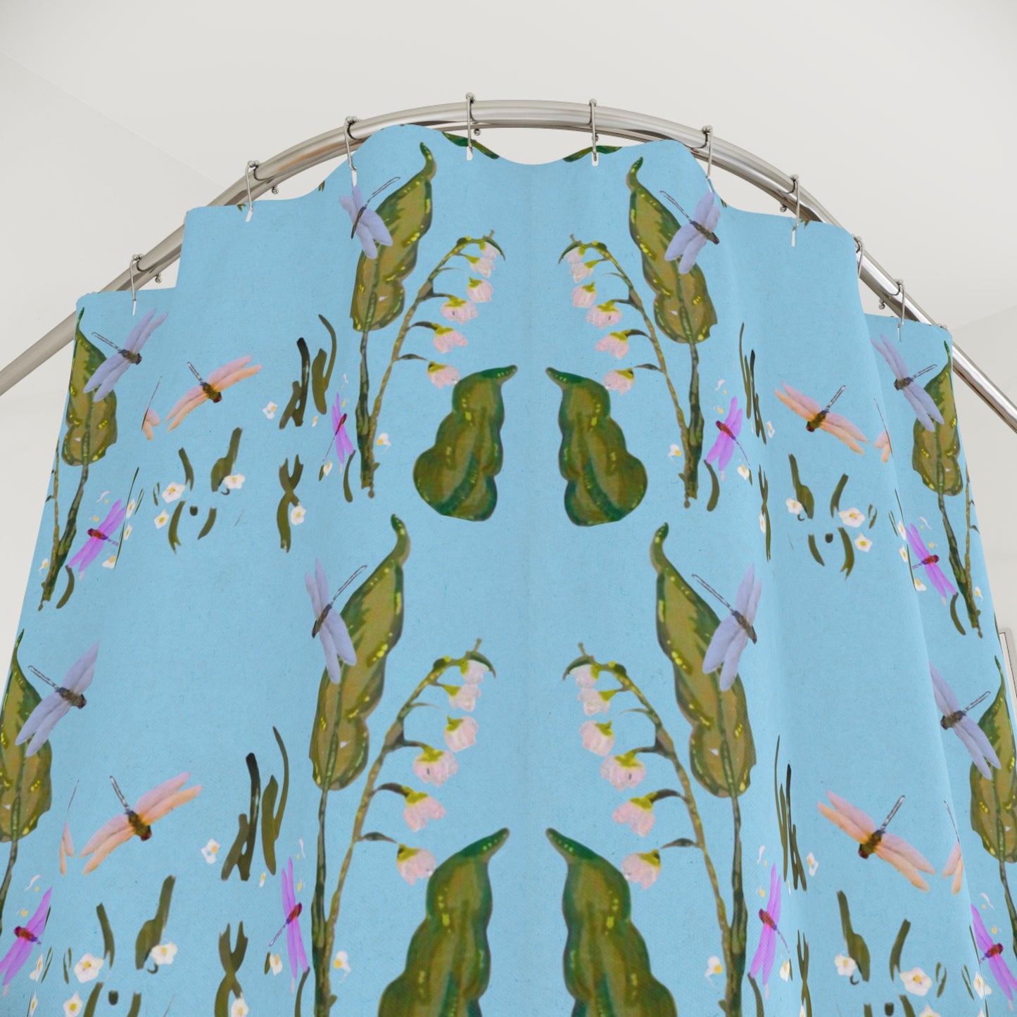 Dragonflies on Blue Botanical Shower Curtains, Zen Spa Printed Floral Bathroom Refresh Gift, Decorative Spring Bathroom Curtain