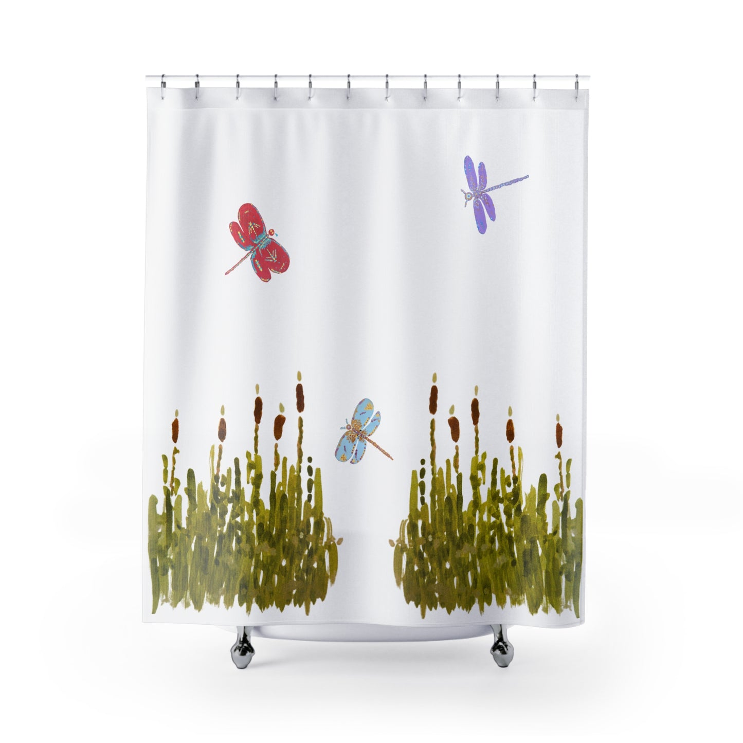 Cattails and Dragonflies Shower Curtain, Decorative Floral Bathroom Curtain, Nature Inspired Bathroom Decor, Spring Bathroom Refresh Gift