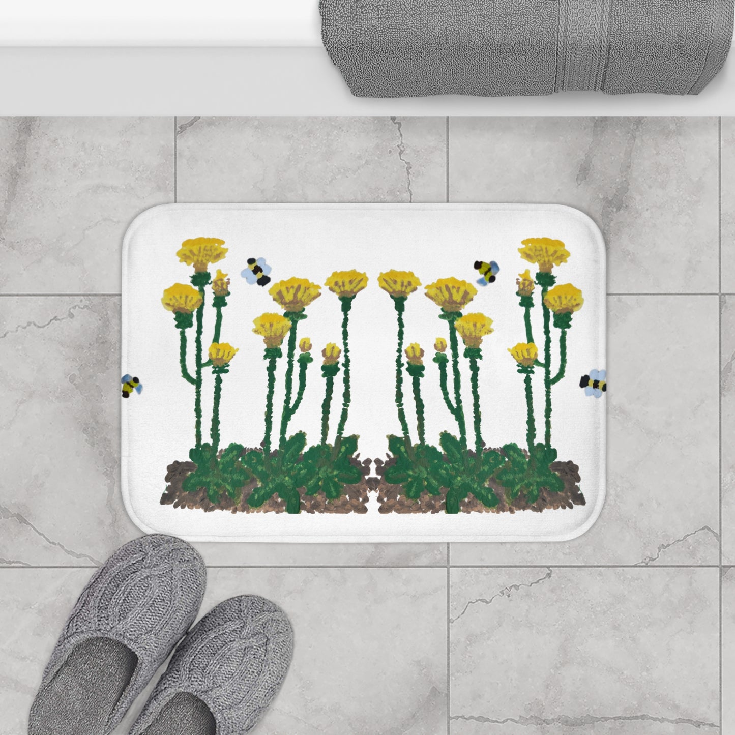 Dandelions and Bees Bath Mat, Trendy Nature Inspired Decorative Accent Rug, Memory Foam, Non Slip Backing