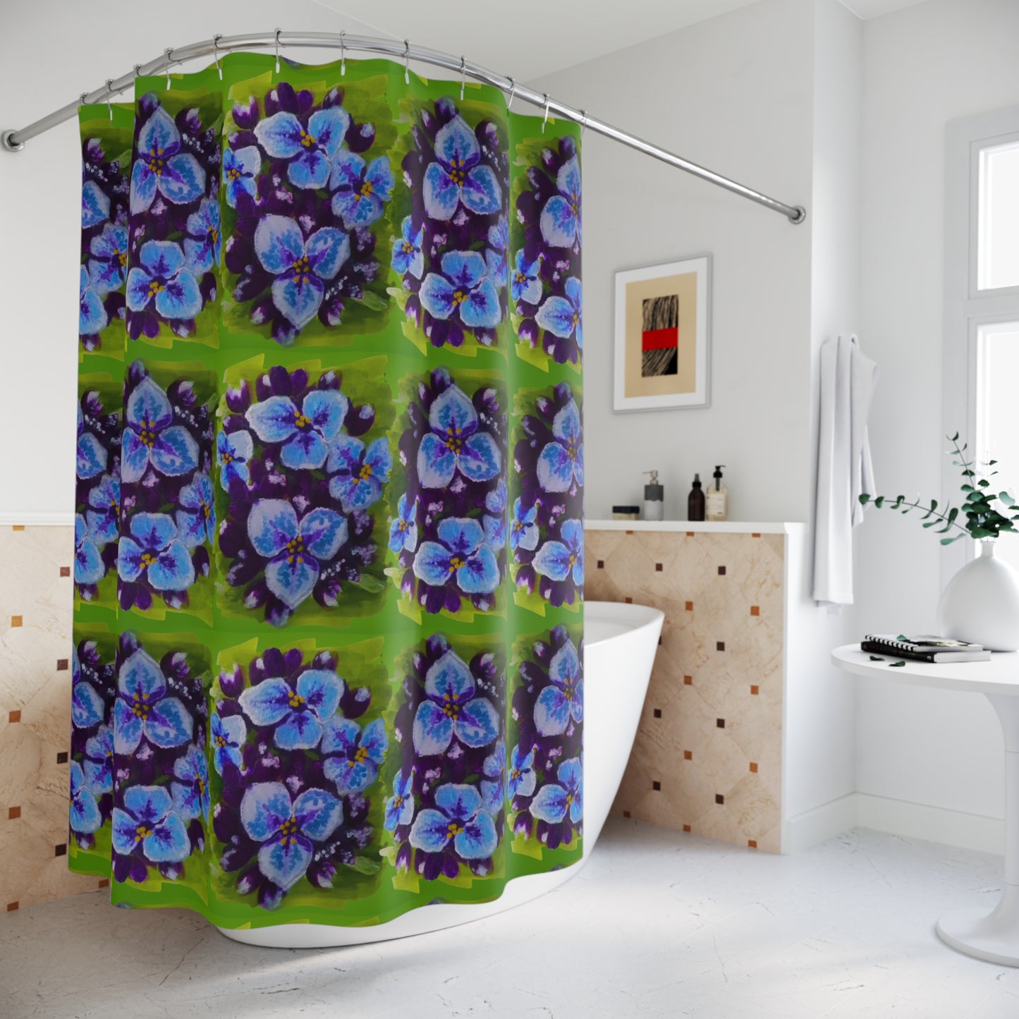 Purple Flowers on Green Shower Curtains, Beautiful Botanical Printed Bathroom Curtains