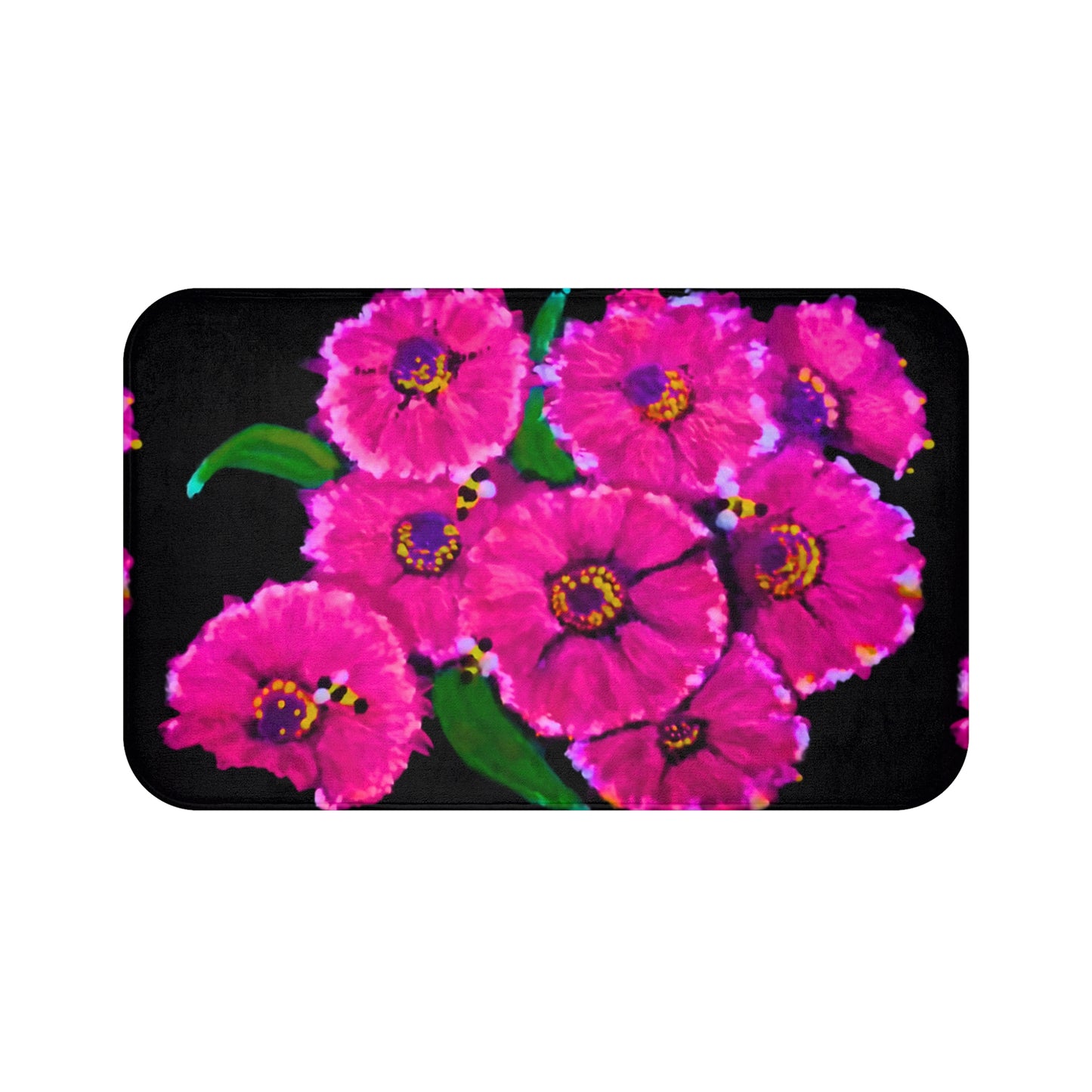 Pink Flowers on Black Bath Mat, Decorative Floral Bathroom Decor, Nature Inspired Accent Rug, Non Slip Backing with Memory Foam