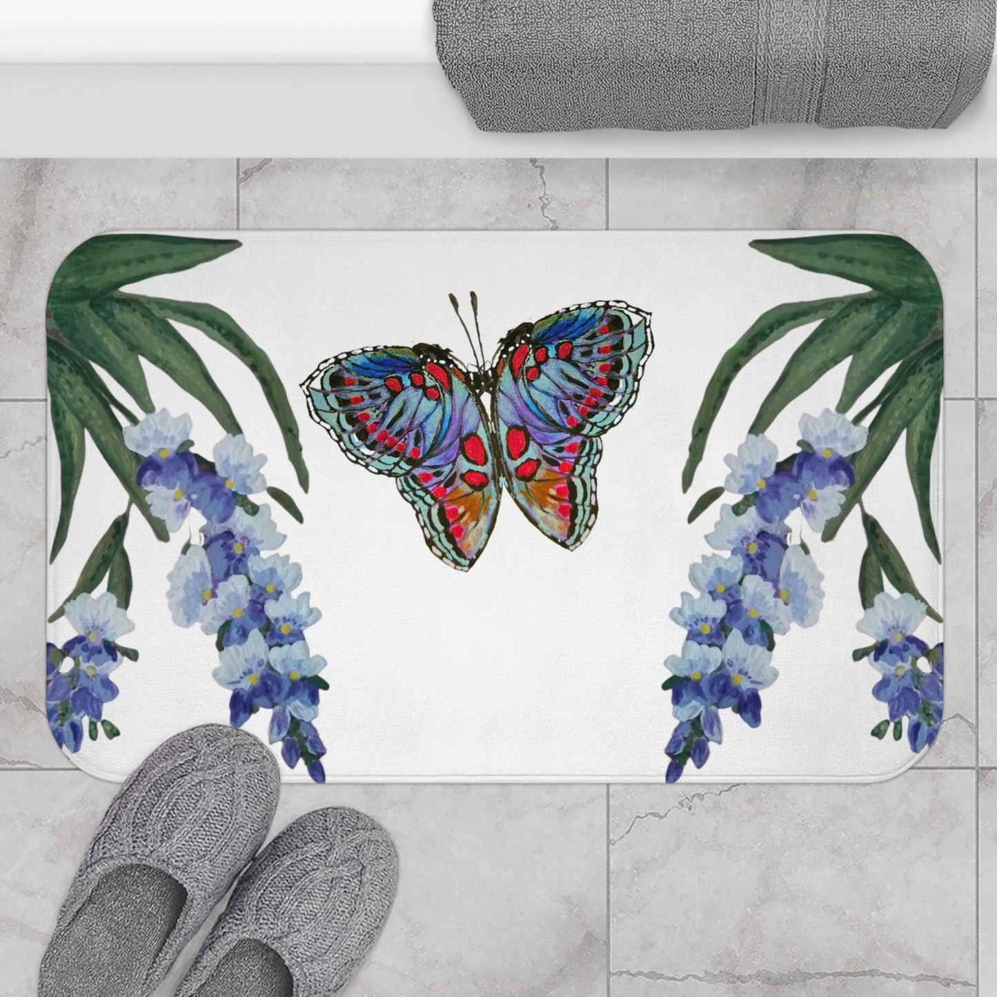 Monarch Wisteria Bath Mat, Beautiful Botanical Accent Rug, Decorative Floral Shower Mat