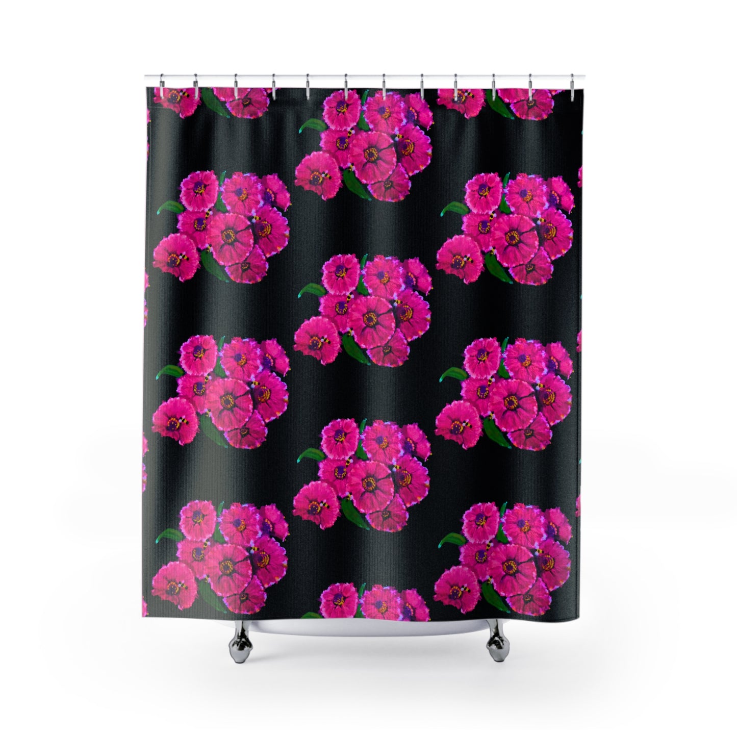 Pink Flowers on Black Shower Curtains, Decorative Floral Bathroom Curtain, Nature Inspired Bathroom Decor