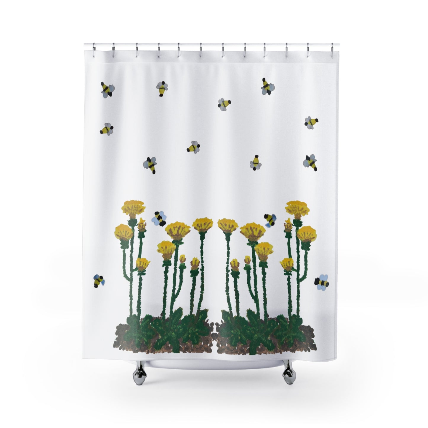 Dandelions and Bees Shower Curtains, Nature Inspired Botanical Bathroom Decor, Printed Floral Shower Curtain