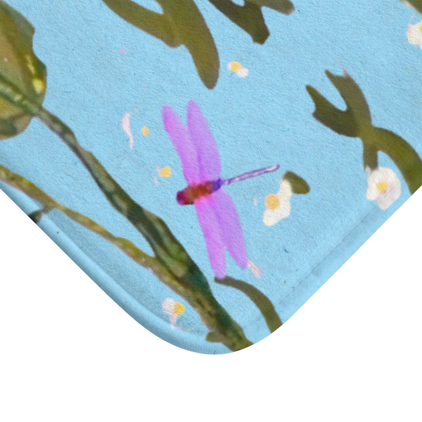 Dragonflies on Blue Bath Mat, Botanical Printed Floral Bathroom Refresh Gift, Decorative Spring Accent Rug