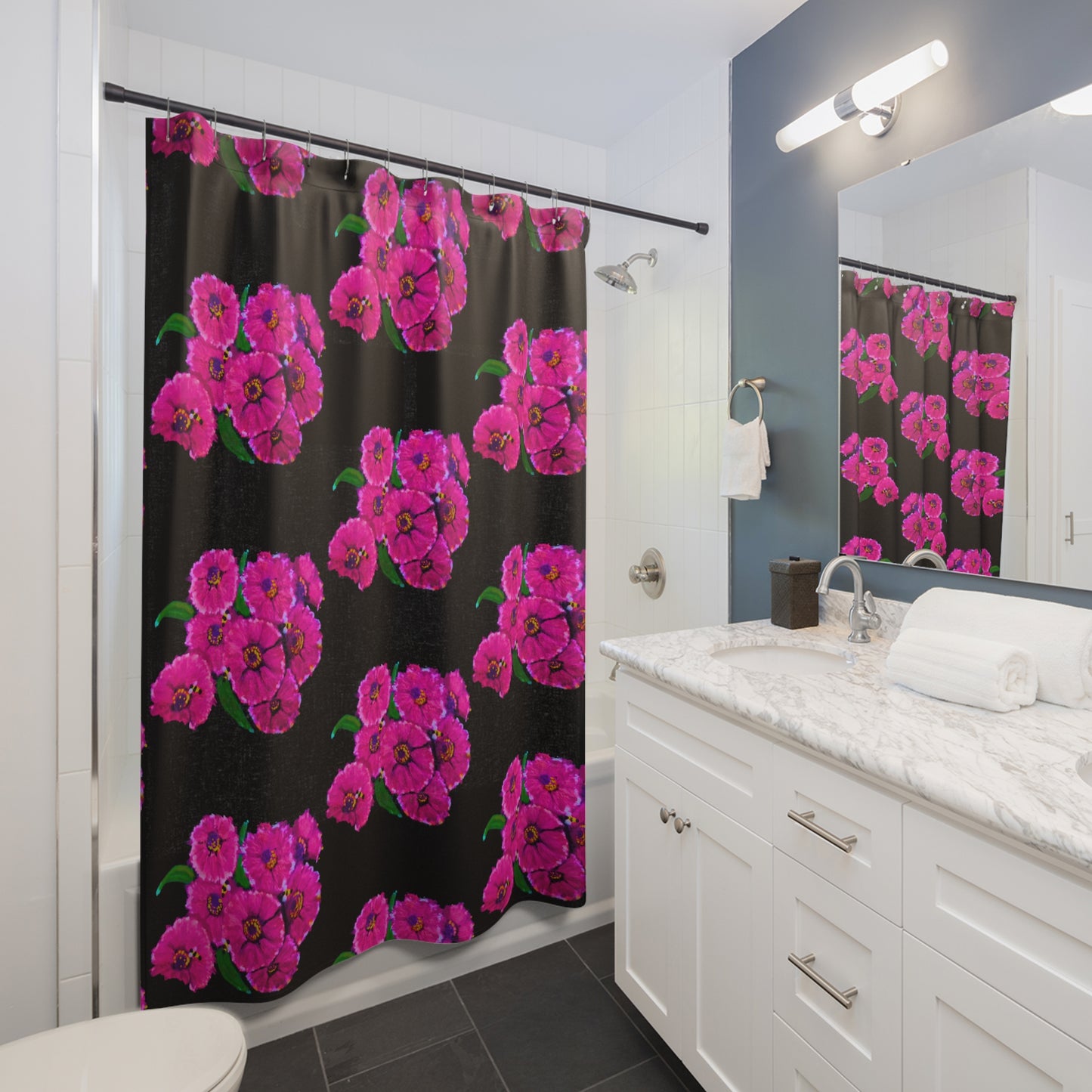 Pink Flowers on Black Shower Curtains, Decorative Floral Bathroom Curtain, Nature Inspired Bathroom Decor