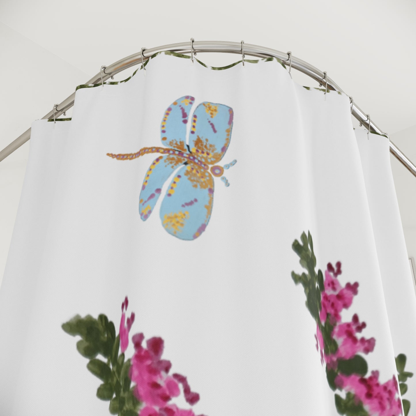 Heather Flower Shower Curtains, Dragonfly Botanical Bathroom Decor, Nature Inspired Printed Floral Bath Curtain