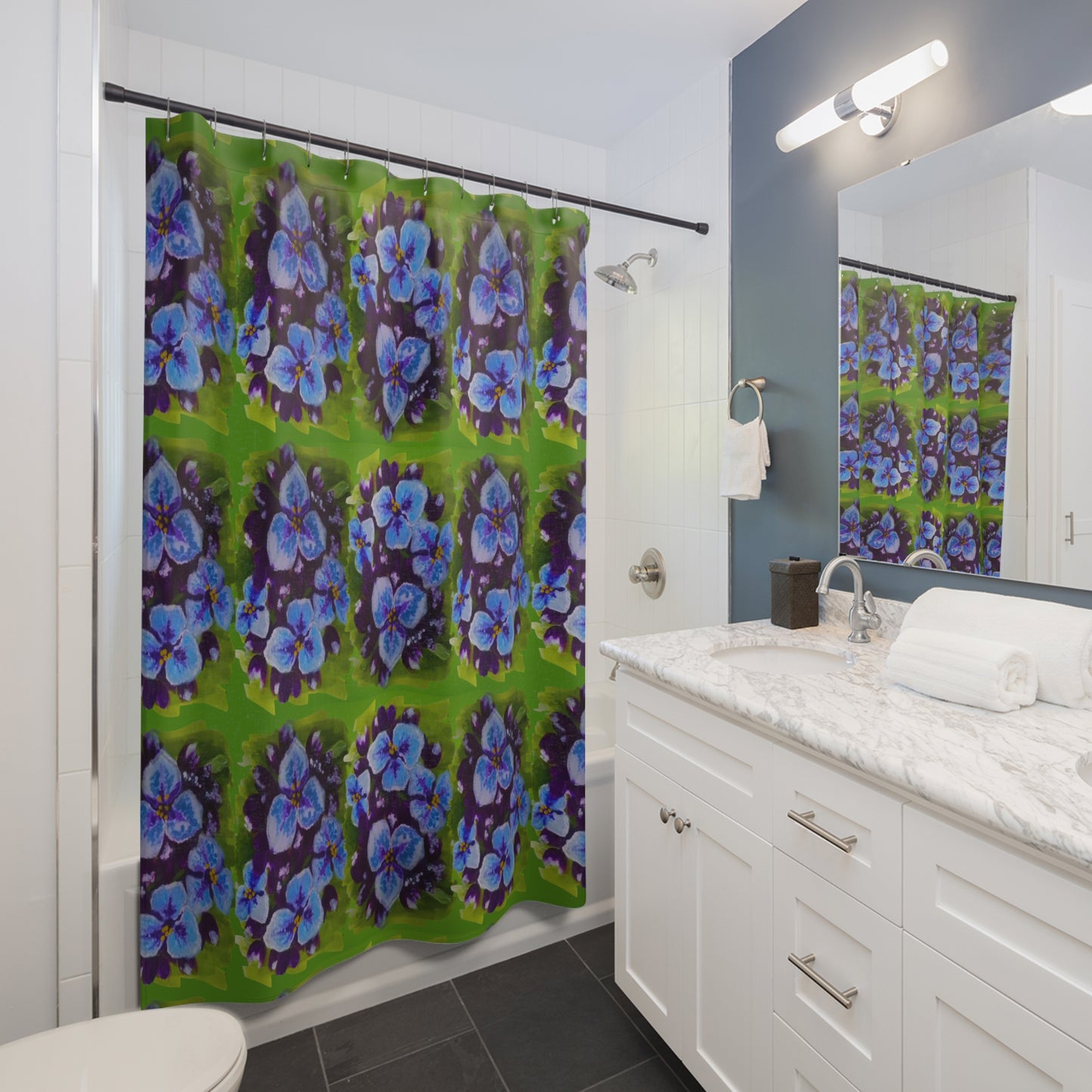 Purple Flowers on Green Shower Curtains, Beautiful Botanical Printed Bathroom Curtains