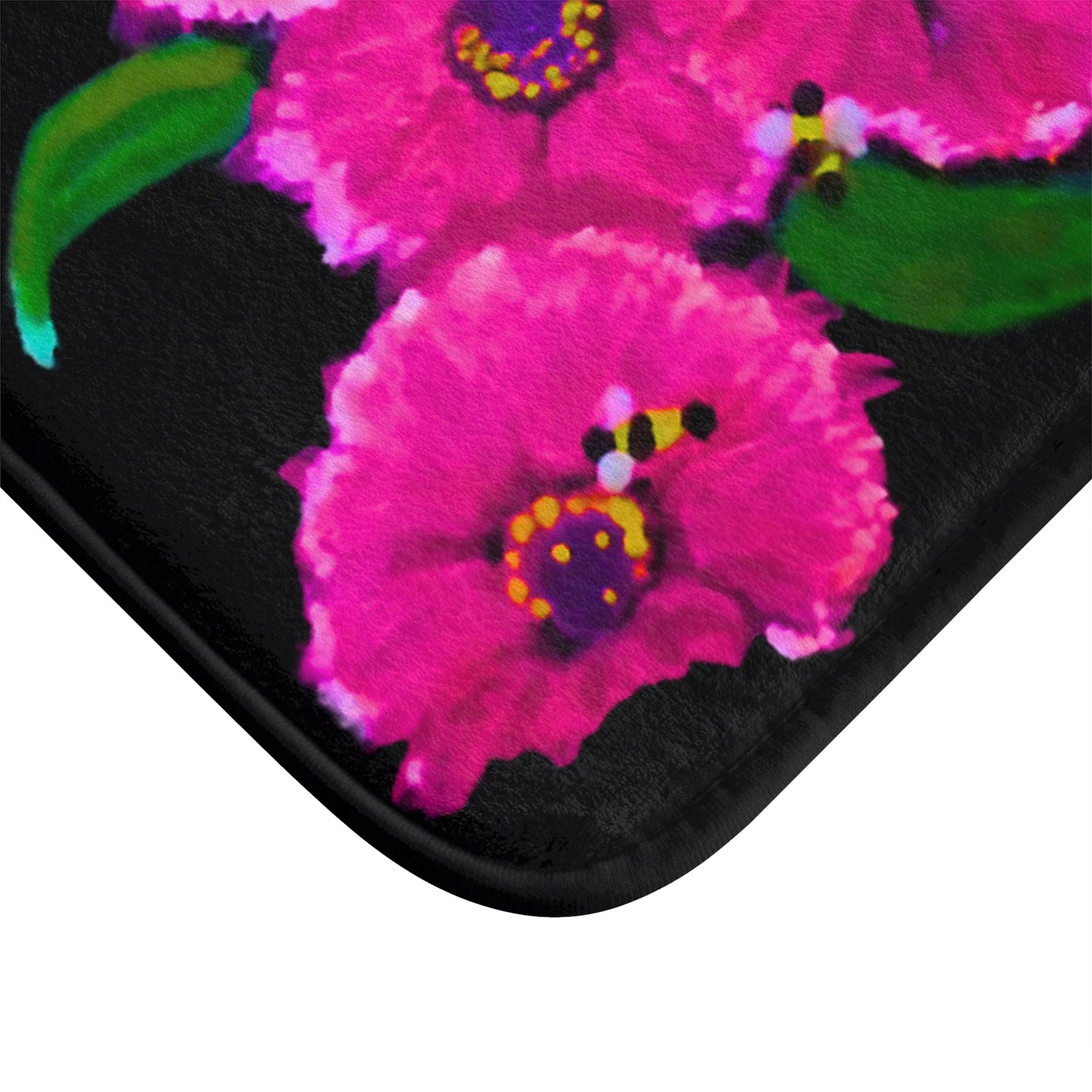 Pink Flowers on Black Bath Mat, Decorative Floral Bathroom Decor, Nature Inspired Accent Rug, Non Slip Backing with Memory Foam