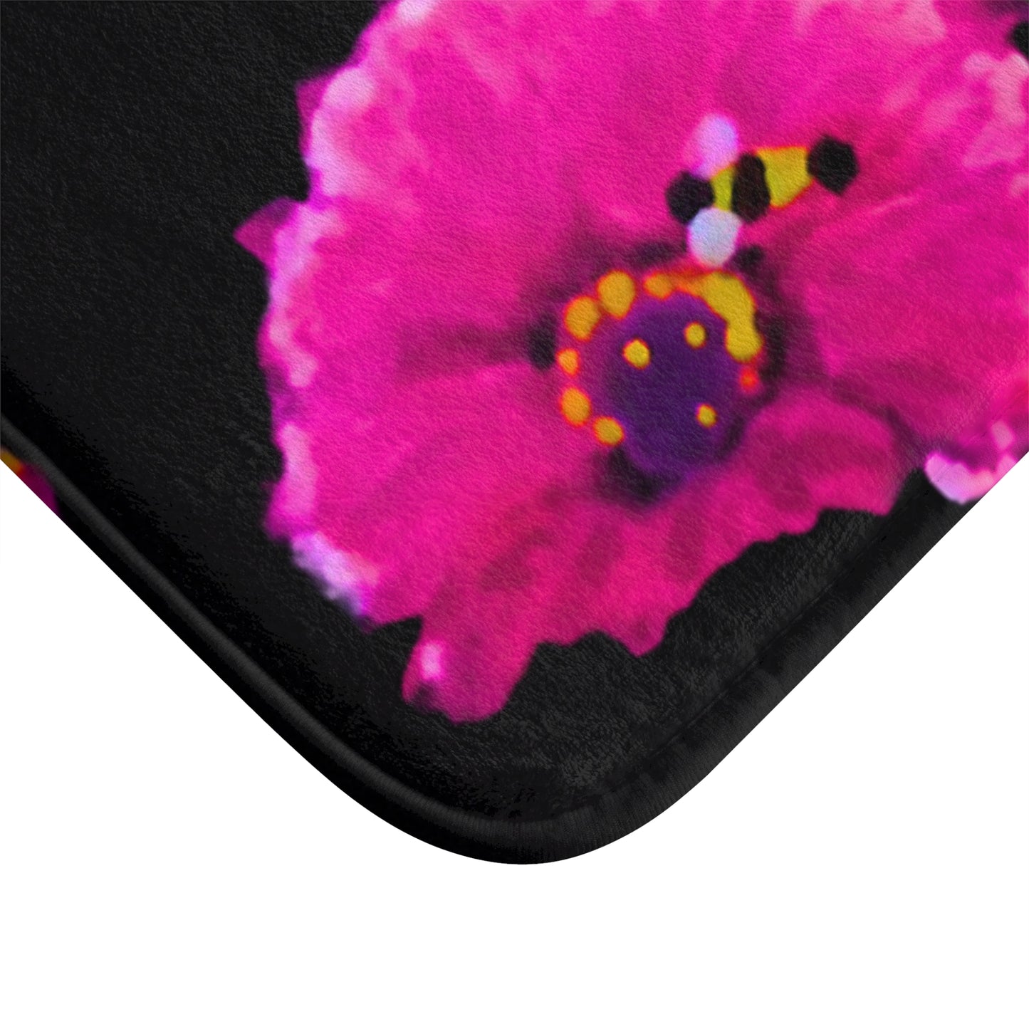 Pink Flowers on Black Bath Mat, Decorative Floral Bathroom Decor, Nature Inspired Accent Rug, Non Slip Backing with Memory Foam