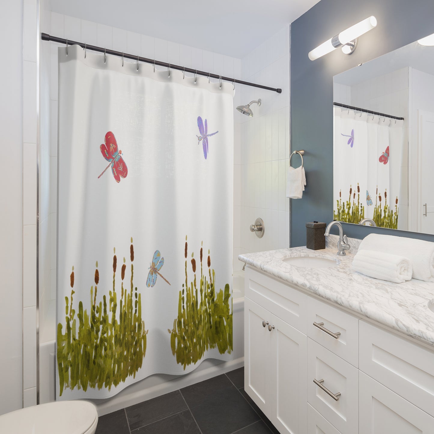 Cattails and Dragonflies Shower Curtain, Decorative Floral Bathroom Curtain, Nature Inspired Bathroom Decor, Spring Bathroom Refresh Gift