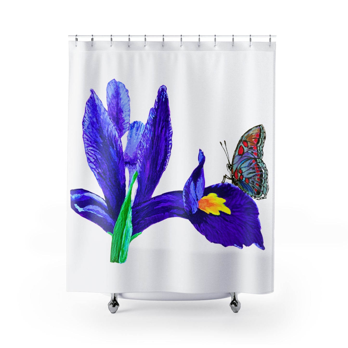 Monarch on Iris Flower Shower Curtain, Botanical Bathroom Decor, Printed Floral Shower Curtain, Bathroom Refresh Gift