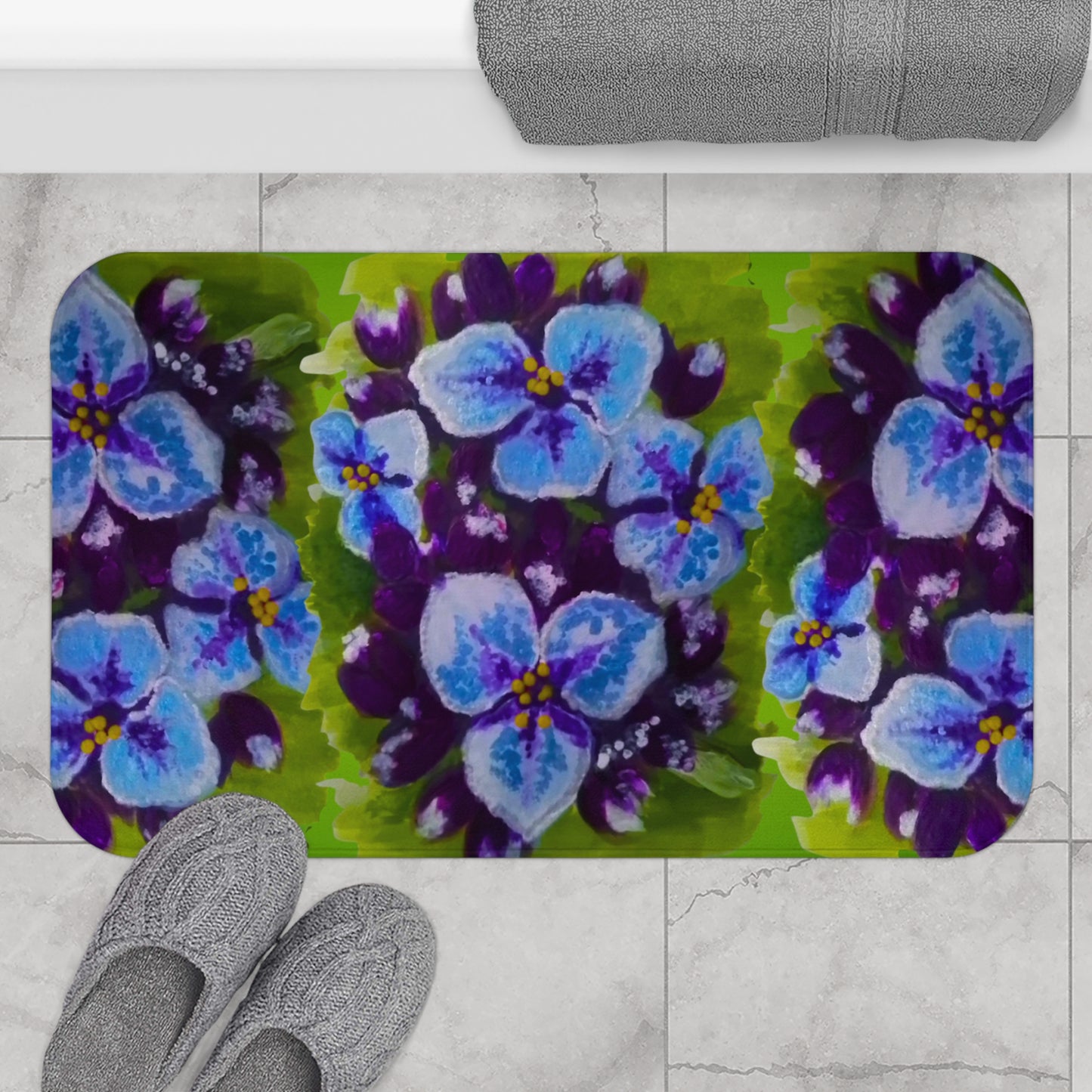 Purple Flowers on Green Bath Mat, Trendy Decorative Accent Rug, Non Slip, Memory Foam