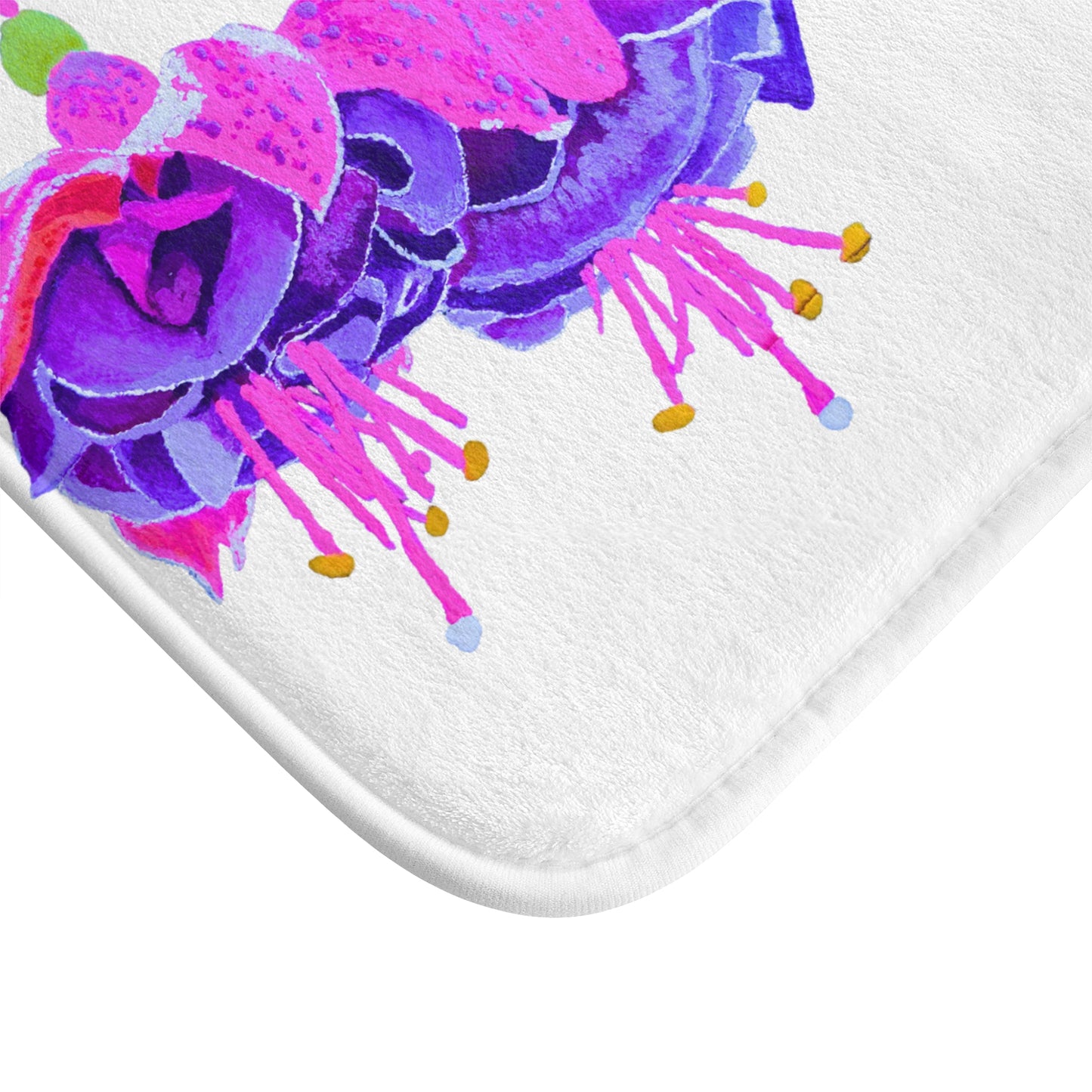 Fuchsia Floral Bath Mat, Trendy Decorative Accent Rug, Memory Foam Shower Mat with Non Slip Backing