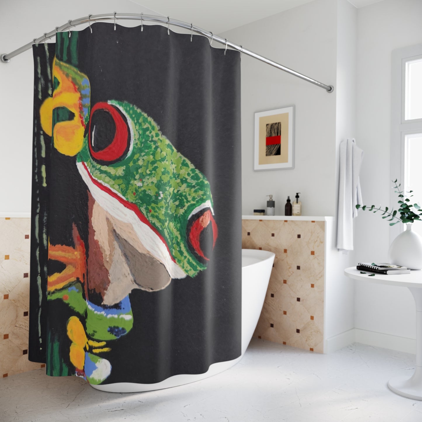 Tree Frog Shower Curtains, Nature Inspired Modern Art Bathroom Curtain, Colorful Black Green Bathroom Decor