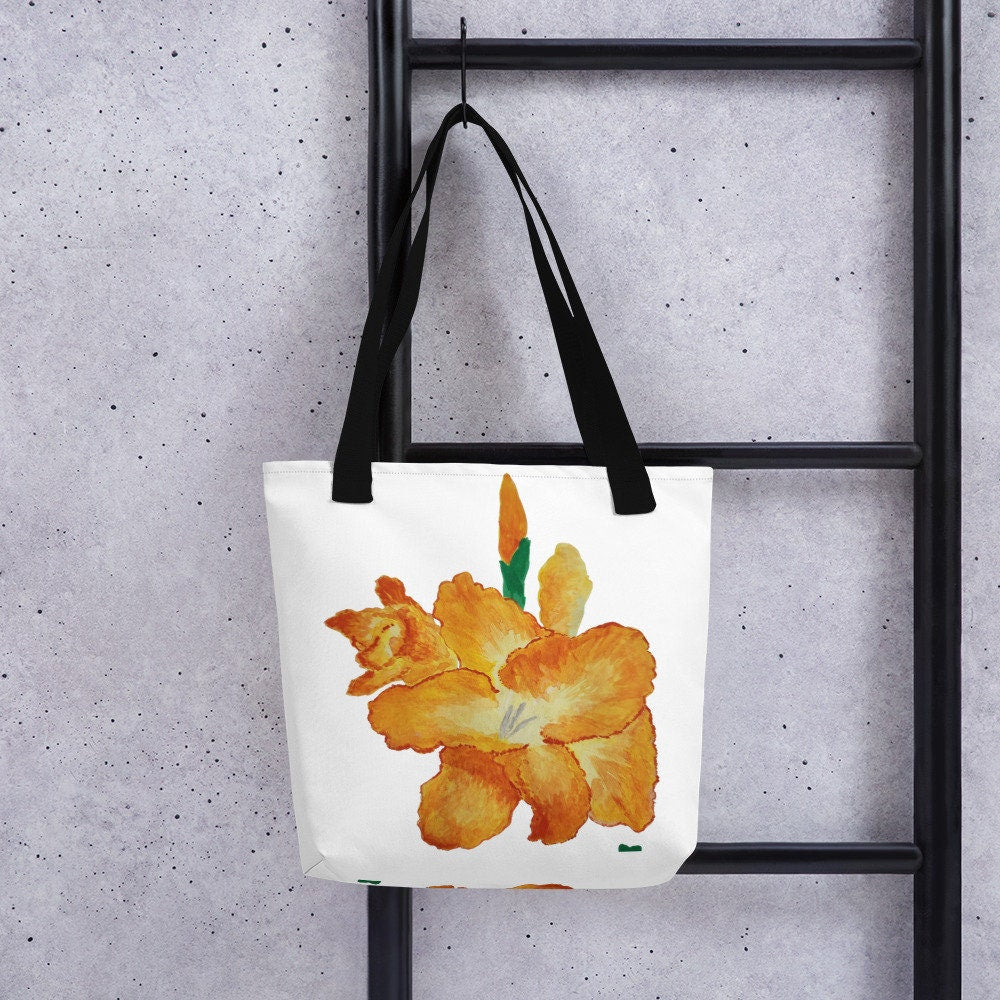 Gold flower tote bag,gladiolus flower,botanical tote bag,reusable tote bag,daycare bag,farmers market bag,unisex tote,bridal party bag