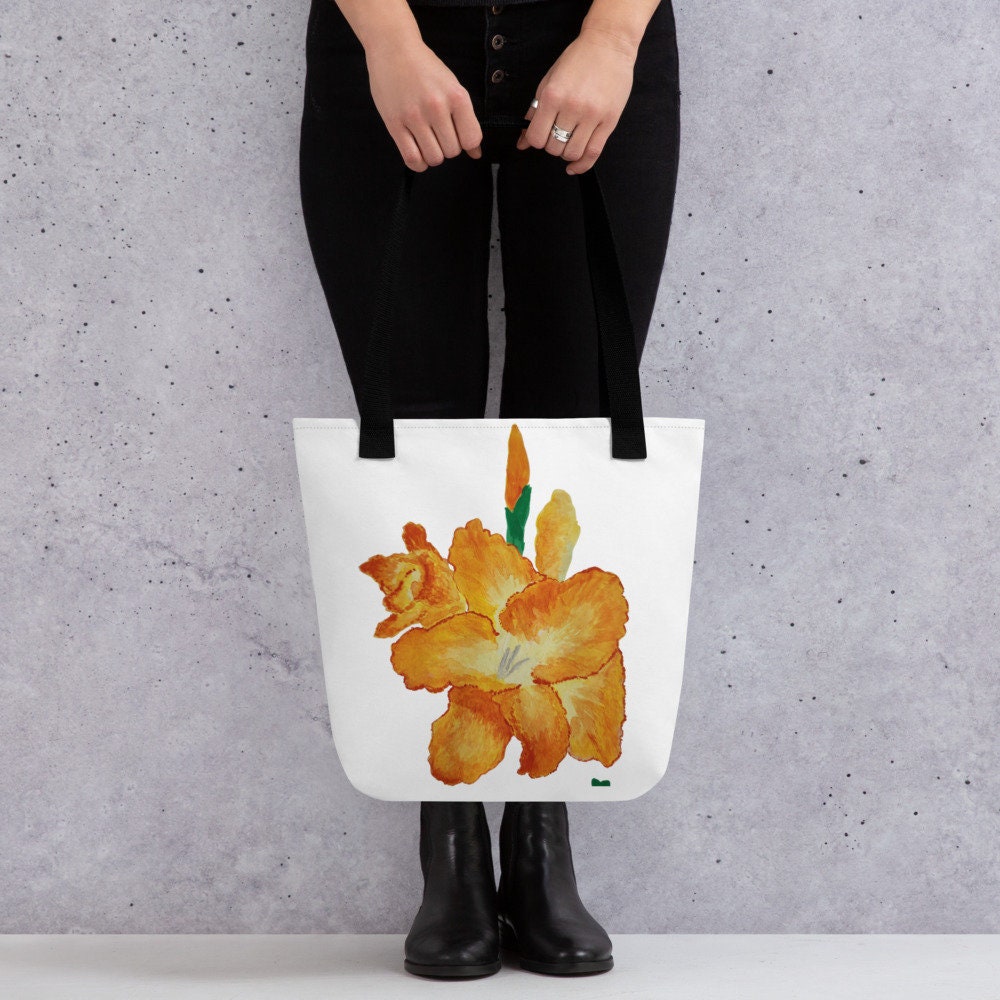 Gold flower tote bag,gladiolus flower,botanical tote bag,reusable tote bag,daycare bag,farmers market bag,unisex tote,bridal party bag